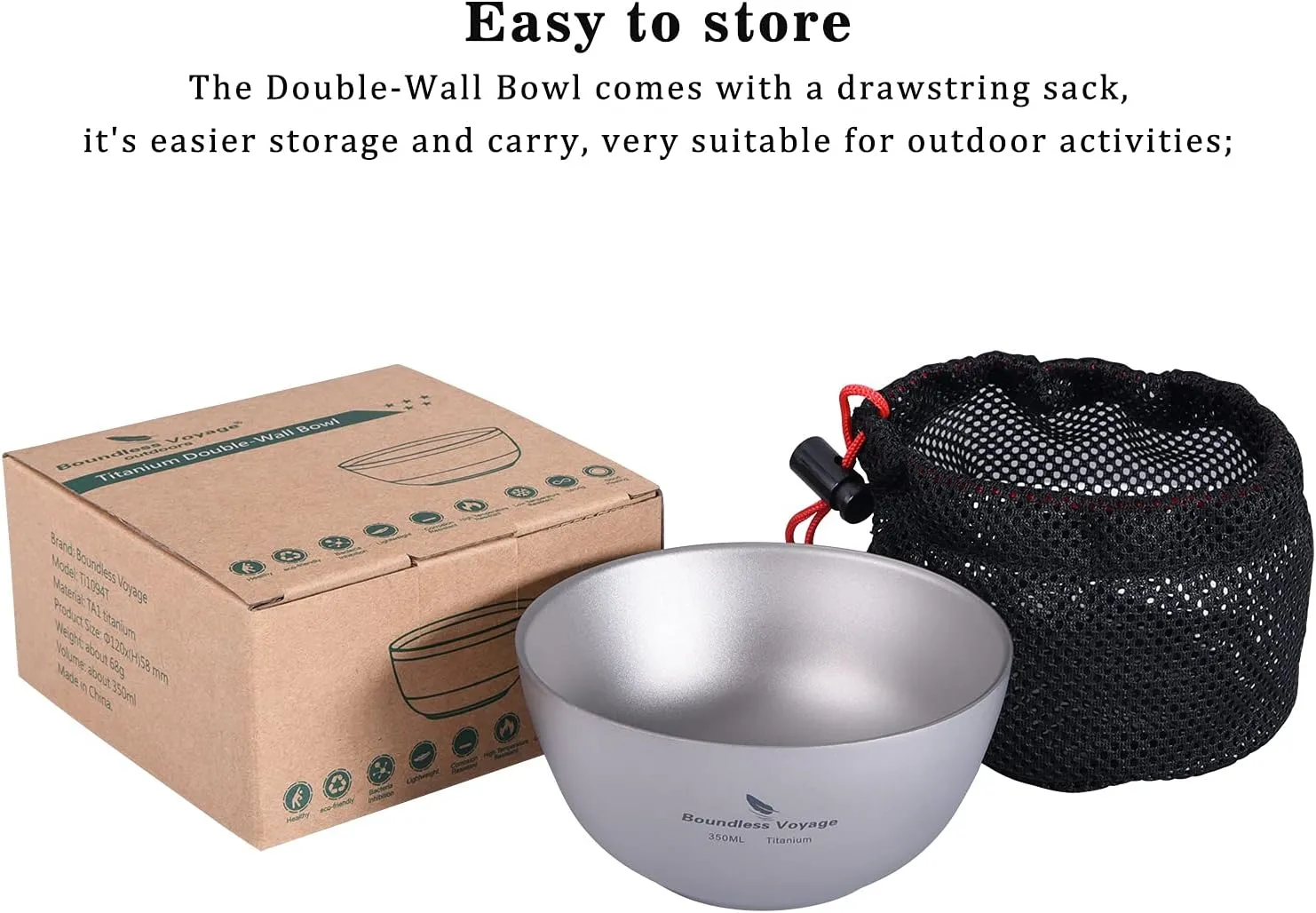 Boundless Voyage 350ML Titanium Double Wall Bowl Ultralight Portable Metal Food Rice Bowl Indoor Outdoor Camping Tableware for Adult Children Ti1094T