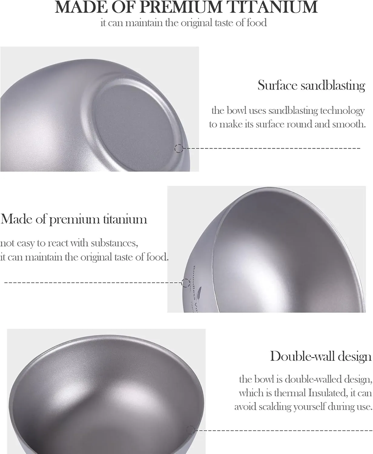 Boundless Voyage 350ML Titanium Double Wall Bowl Ultralight Portable Metal Food Rice Bowl Indoor Outdoor Camping Tableware for Adult Children Ti1094T