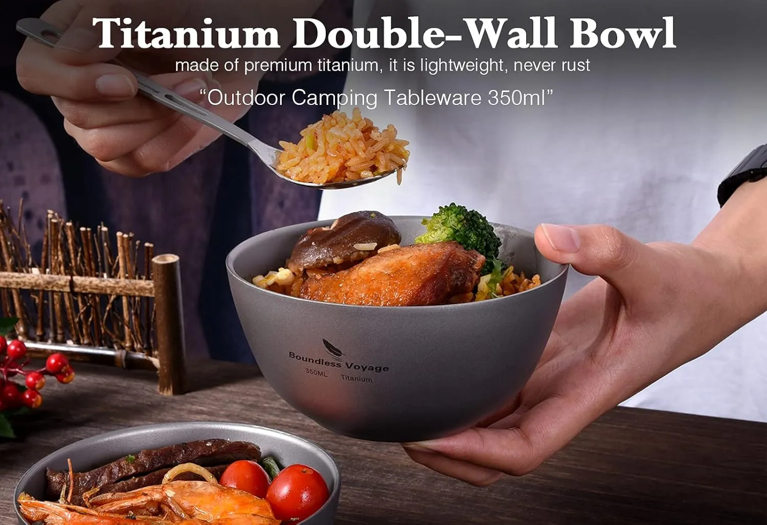 Boundless Voyage 350ML Titanium Double Wall Bowl Ultralight Portable Metal Food Rice Bowl Indoor Outdoor Camping Tableware for Adult Children Ti1094T