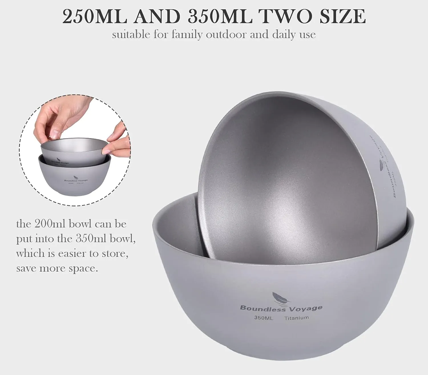 Boundless Voyage 350ML Titanium Double Wall Bowl Ultralight Portable Metal Food Rice Bowl Indoor Outdoor Camping Tableware for Adult Children Ti1094T