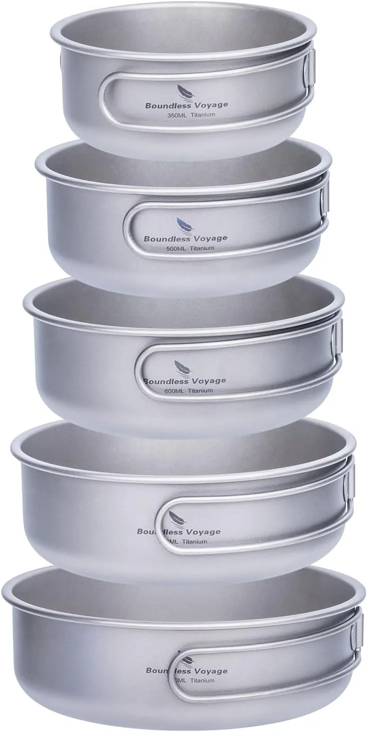 Boundless Voyage Titanium Bowls Dishes Set with Folding Handle Lightweight Portable Plates Saucers Tableware for Outdoor Camping Hiking Backpacking Ti1096T