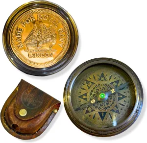 Brass Pocket Compass with Genuine Leather Case | Precision Navigation Tool, Classic Antique Design, Perfect for Outdoor Adventures, Collectors, and Gift-Giving