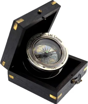 Brass Slide Out Compass flip Out Magnifier Paper Weight Compass with Wooden Box Gift for Men