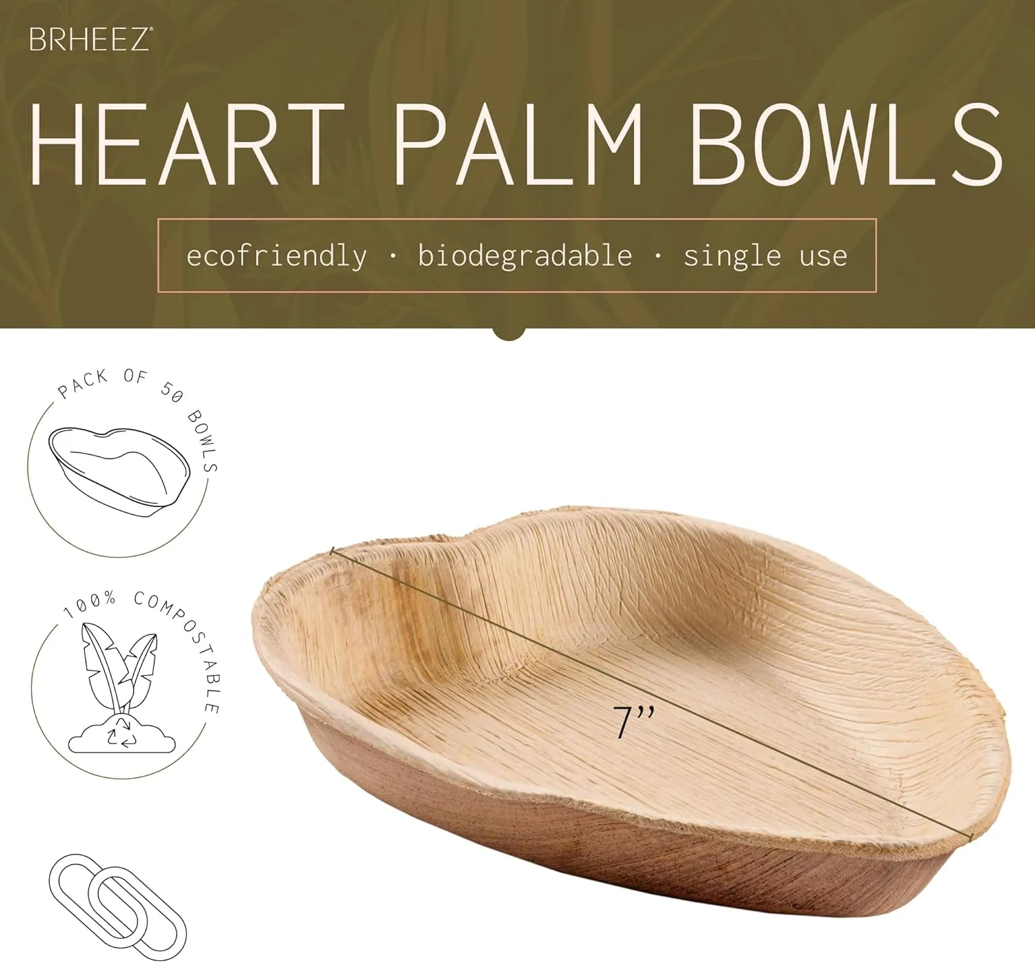 brheez Palm Leaf Disposable Bamboo Style 7" Heart Shaped Plates - Natural Color - Elegant Sturdy - Biodegradable and Compostable (pack of 50)