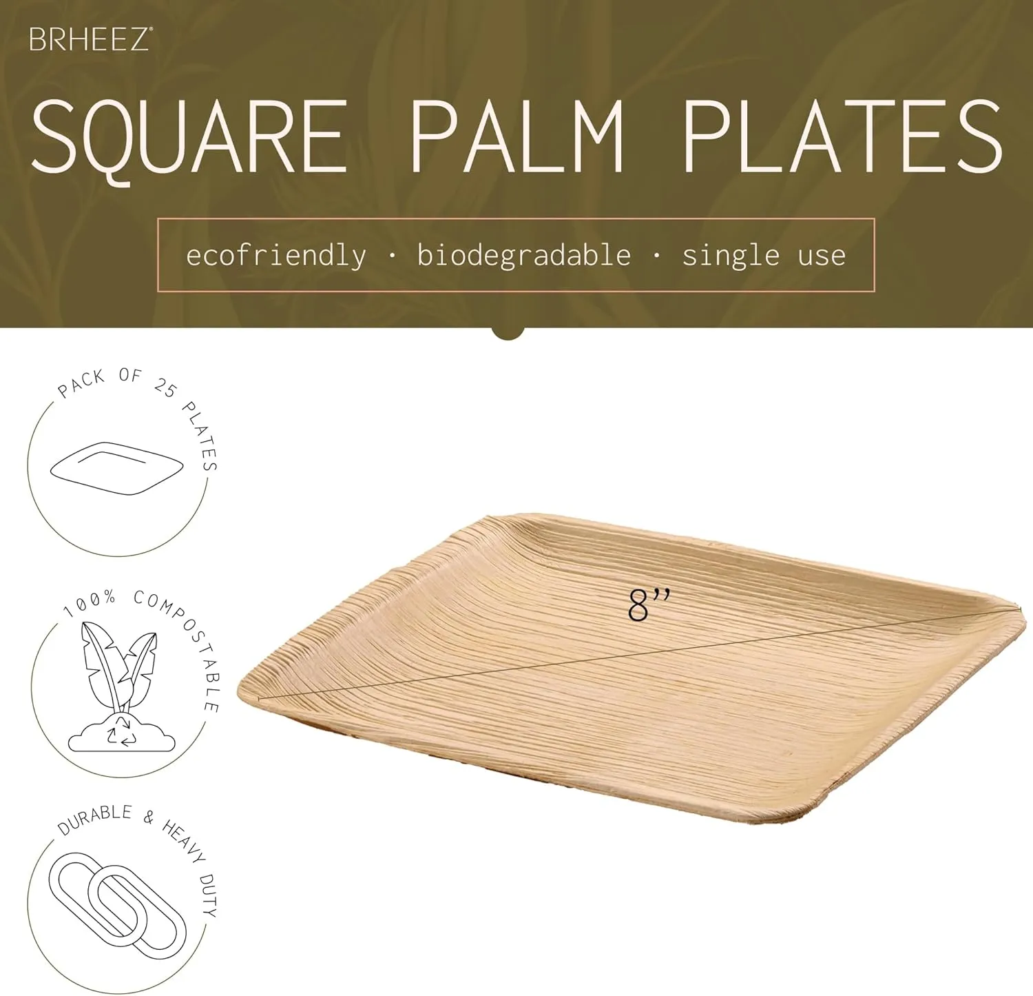 brheez Palm Leaf Plates 25 Pack 8 Inch Bamboo Look Disposable Sturdy and Perfect for Parties and Weddings More Heavy Duty Than Paper and Plastic