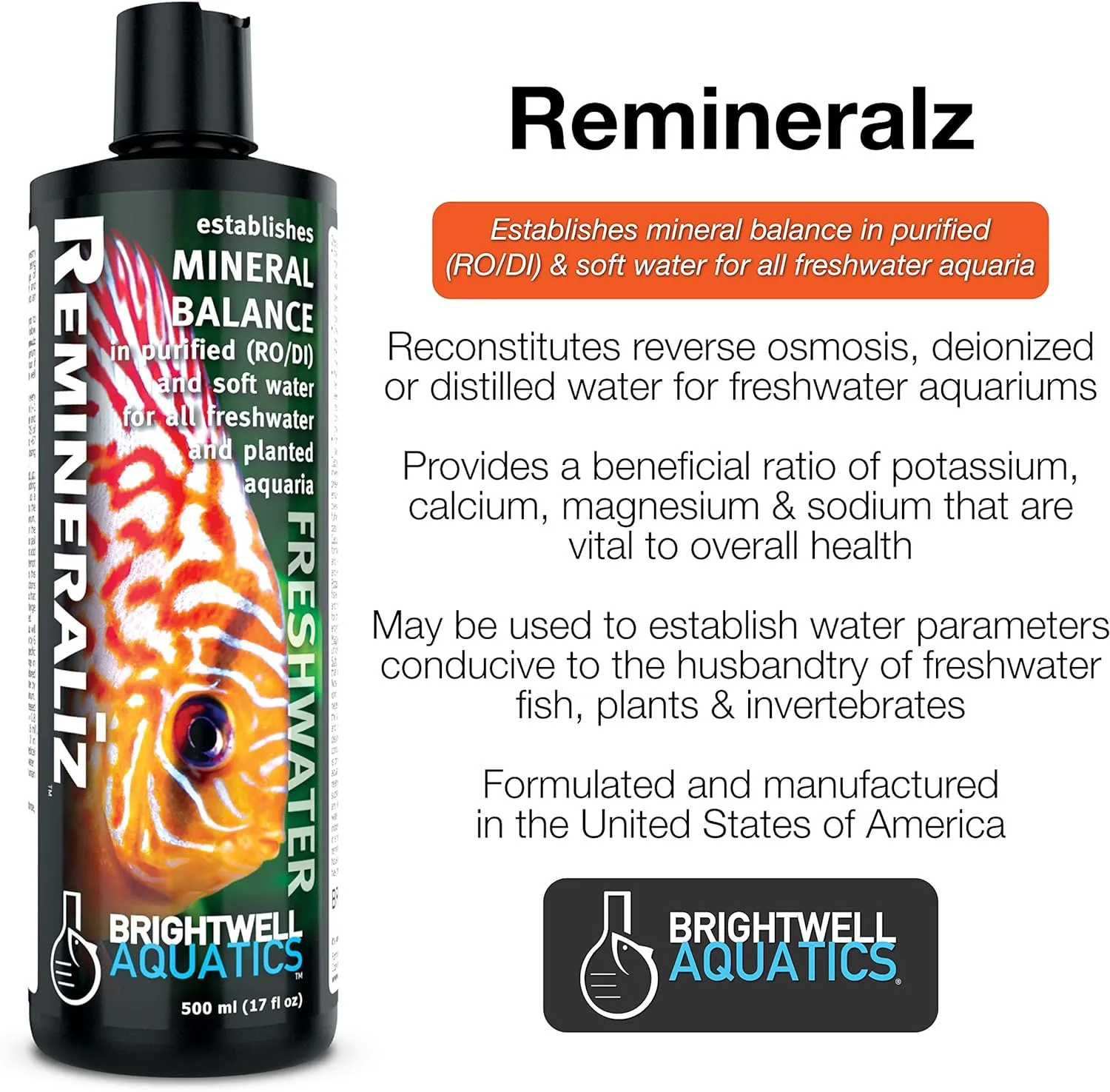 Brightwell Aquatics Remineraliz - Adds Minerals to Distilled, Deionized, or Reverse Osmosis Water for Freshwater Aquarium Use