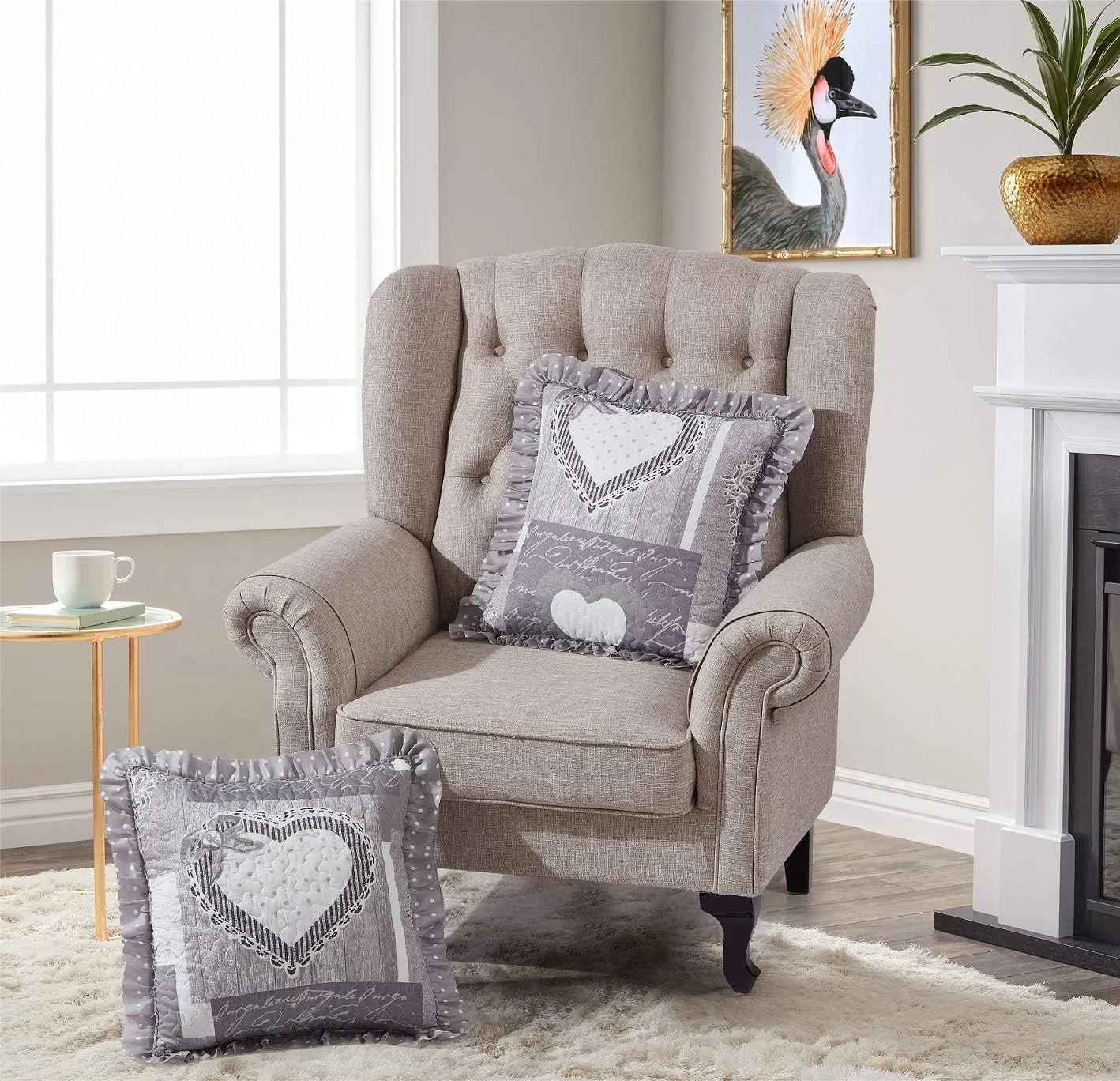 Brilliant Sunshine Grey Heart Love Patchwork Ruffle Pillowshams, Quilted Decorative Pillow Covers Set, Square Throw Cushion Cases for Couch, Recliner, Armchair, Bed, 18x18, Pack of 2, Grey