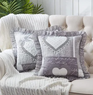 Brilliant Sunshine Grey Heart Love Patchwork Ruffle Pillowshams, Quilted Decorative Pillow Covers Set, Square Throw Cushion Cases for Couch, Recliner, Armchair, Bed, 18x18, Pack of 2, Grey