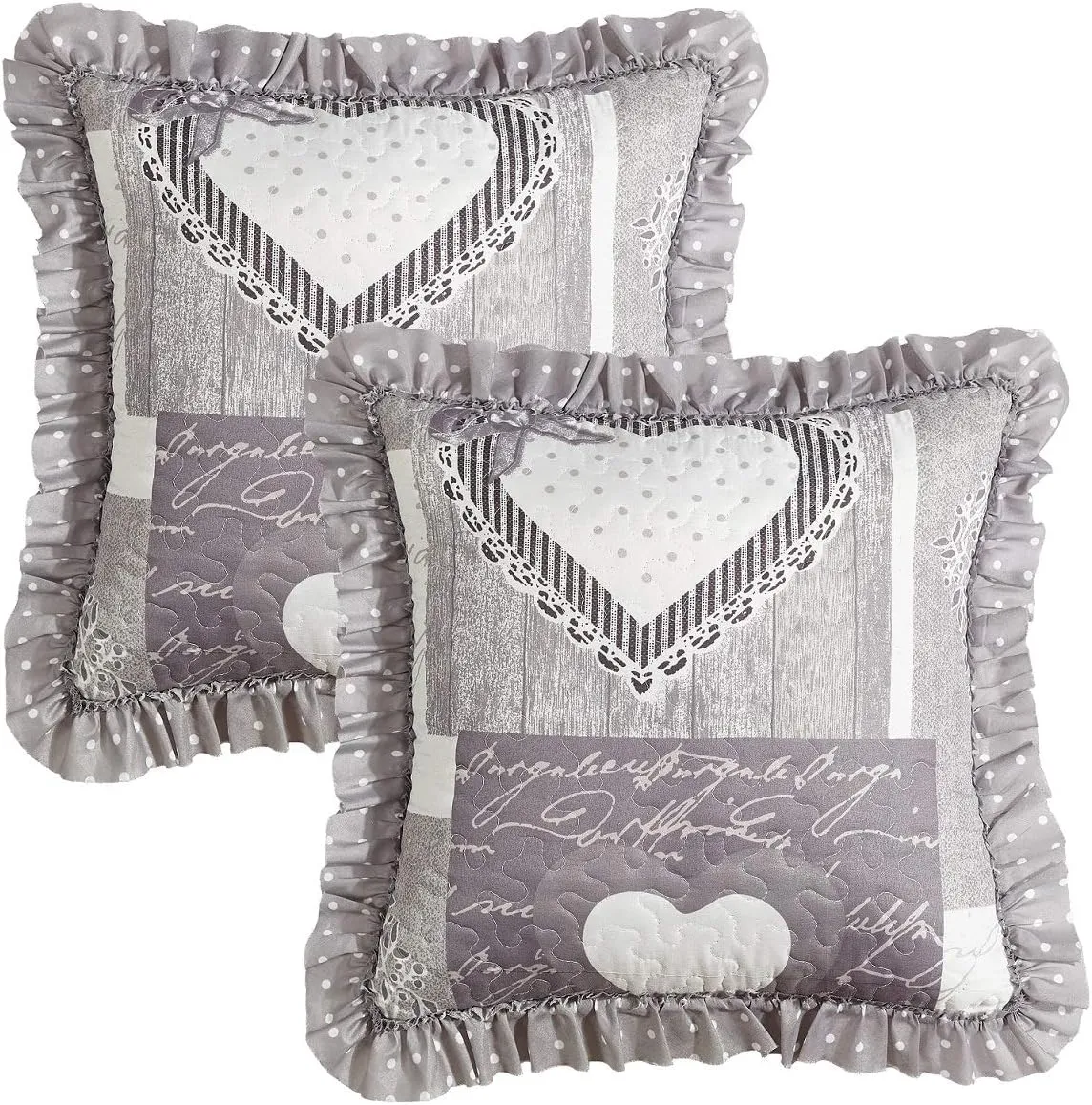 Brilliant Sunshine Grey Heart Love Patchwork Ruffle Pillowshams, Quilted Decorative Pillow Covers Set, Square Throw Cushion Cases for Couch, Recliner, Armchair, Bed, 18x18, Pack of 2, Grey