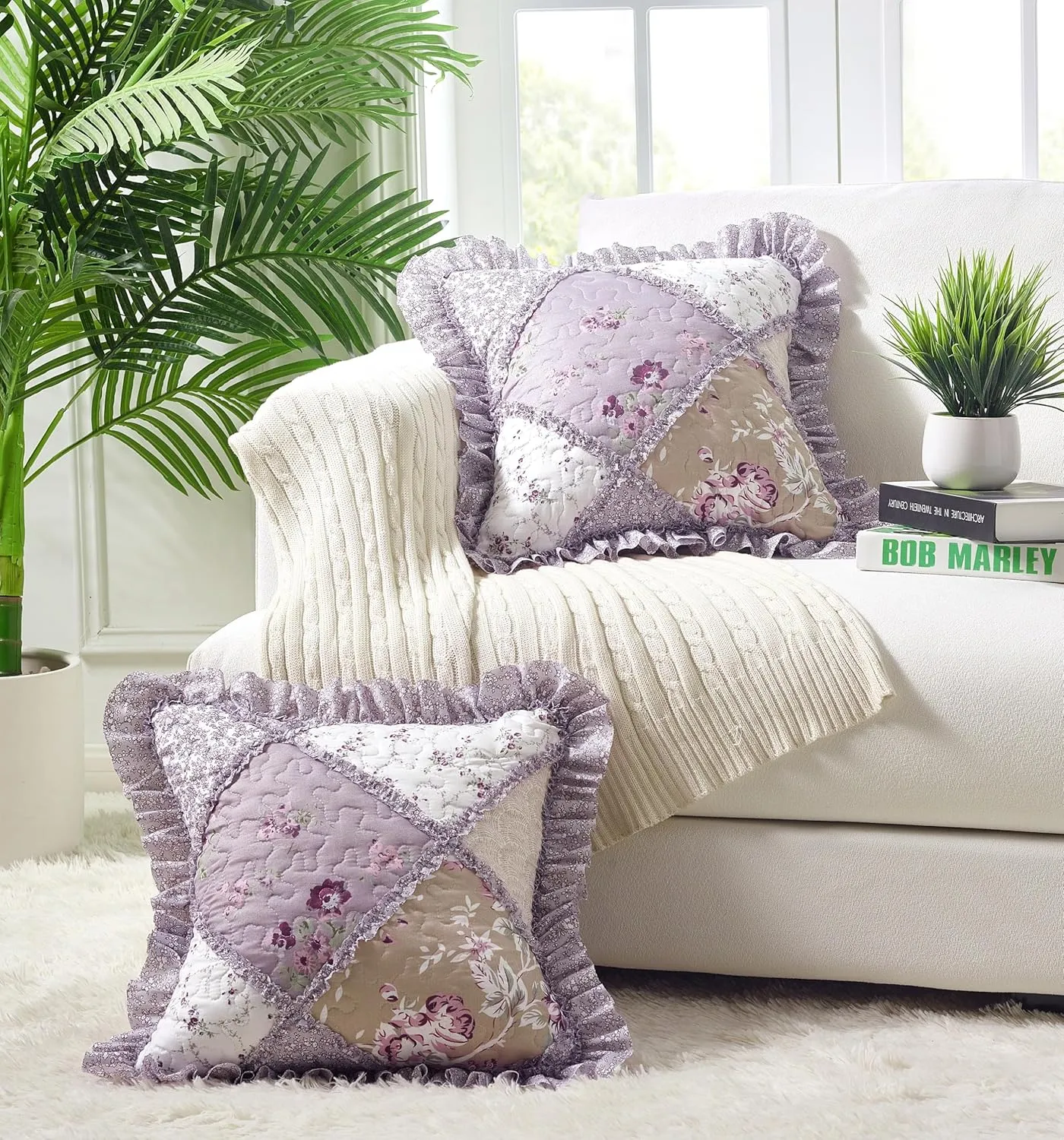Brilliant Sunshine Lilac and Beige Rose Patchwork Ruffle Pillowshams, Quilted Decorative Pillow Covers Set, Square Throw Cushion Cases for Couch, Reclining Chair, Car, Bed, 18x18, Pack of 2, Lilac