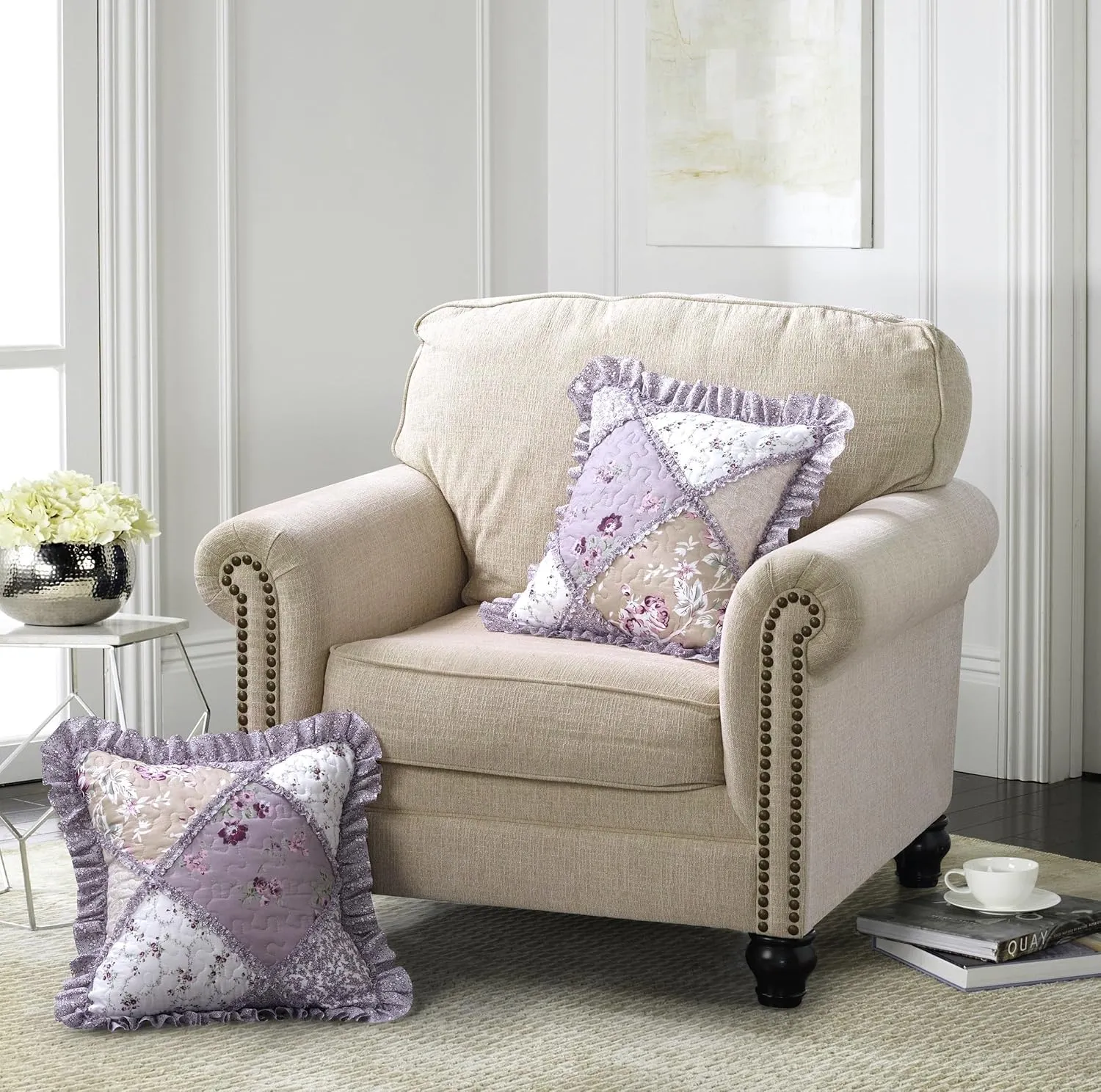 Brilliant Sunshine Lilac and Beige Rose Patchwork Ruffle Pillowshams, Quilted Decorative Pillow Covers Set, Square Throw Cushion Cases for Couch, Reclining Chair, Car, Bed, 18x18, Pack of 2, Lilac