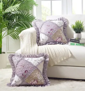 Brilliant Sunshine Lilac and Beige Rose Patchwork Ruffle Pillowshams, Quilted Decorative Pillow Covers Set, Square Throw Cushion Cases for Couch, Reclining Chair, Car, Bed, 18x18, Pack of 2, Lilac