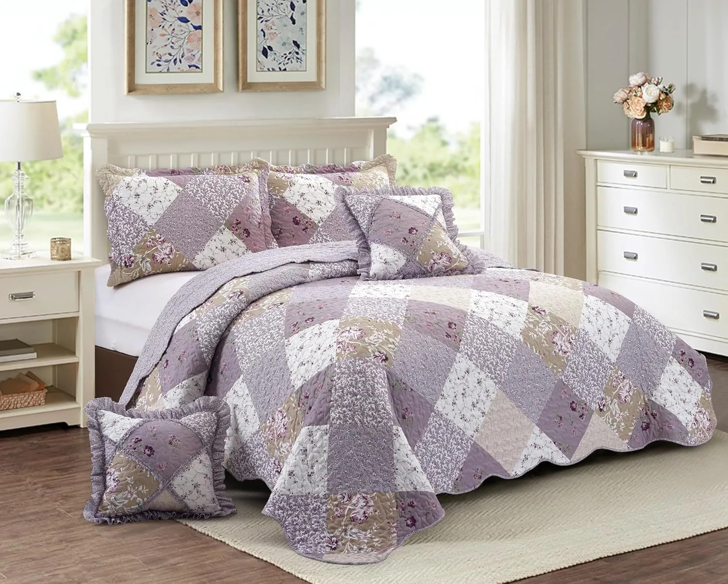 Brilliant Sunshine Lilac and Beige Rose Patchwork Ruffle Pillowshams, Quilted Decorative Pillow Covers Set, Square Throw Cushion Cases for Couch, Reclining Chair, Car, Bed, 18x18, Pack of 2, Lilac