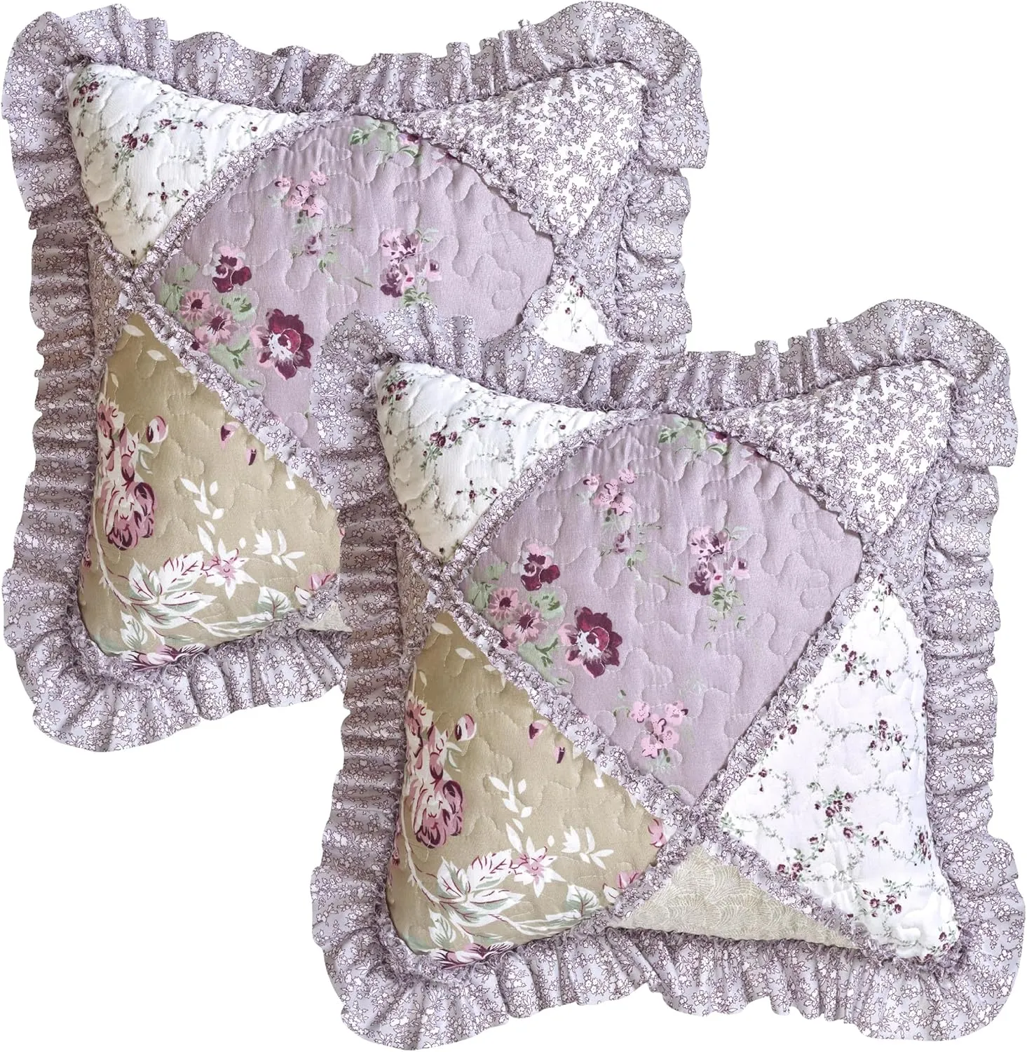 Brilliant Sunshine Lilac and Beige Rose Patchwork Ruffle Pillowshams, Quilted Decorative Pillow Covers Set, Square Throw Cushion Cases for Couch, Reclining Chair, Car, Bed, 18x18, Pack of 2, Lilac