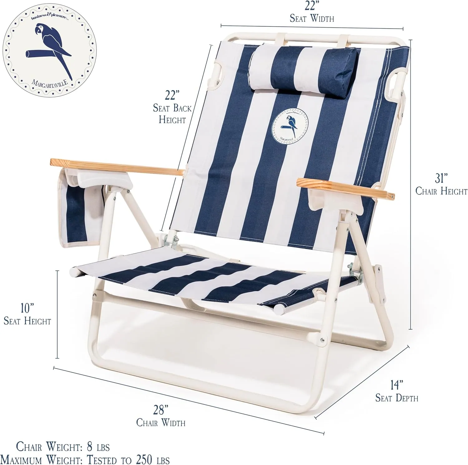 Business & Pleasure Co. Margaritaville Manana Backpack Beach Chair Lay Flat Reclining, Lightweight & Portable, Insulated Cooler Pocket, Continental Drifter Stripe, Pack of 2