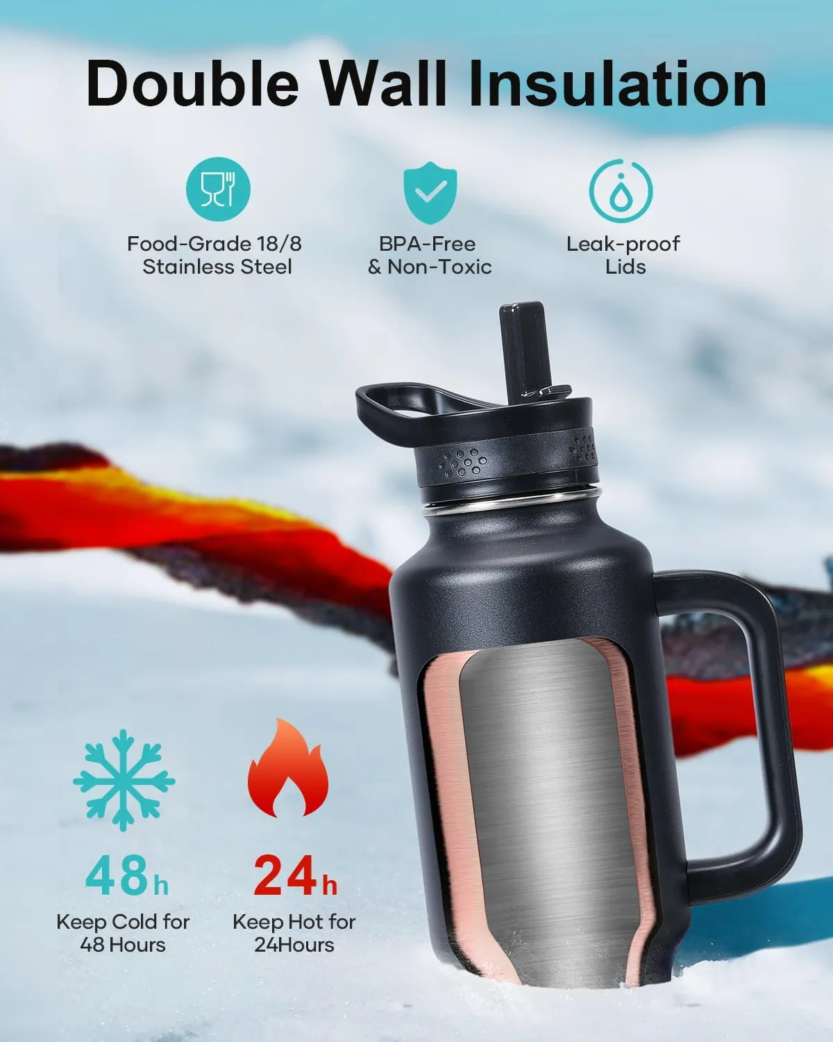 BUZIO Insulated Water Bottle with Handle & Flip Straw, 40oz Metal Travel Tumbler Fits in Cup Holders, Dishwasher Safe Leakproof Reusable Sport Mug, Gift for Women & Men, Keep Cold for 48hrs, Black