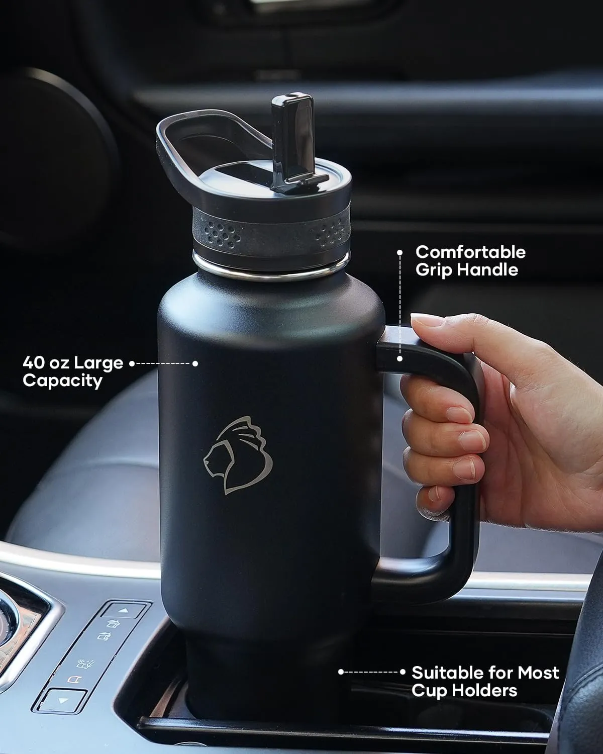 BUZIO Insulated Water Bottle with Handle & Flip Straw, 40oz Metal Travel Tumbler Fits in Cup Holders, Dishwasher Safe Leakproof Reusable Sport Mug, Gift for Women & Men, Keep Cold for 48hrs, Black