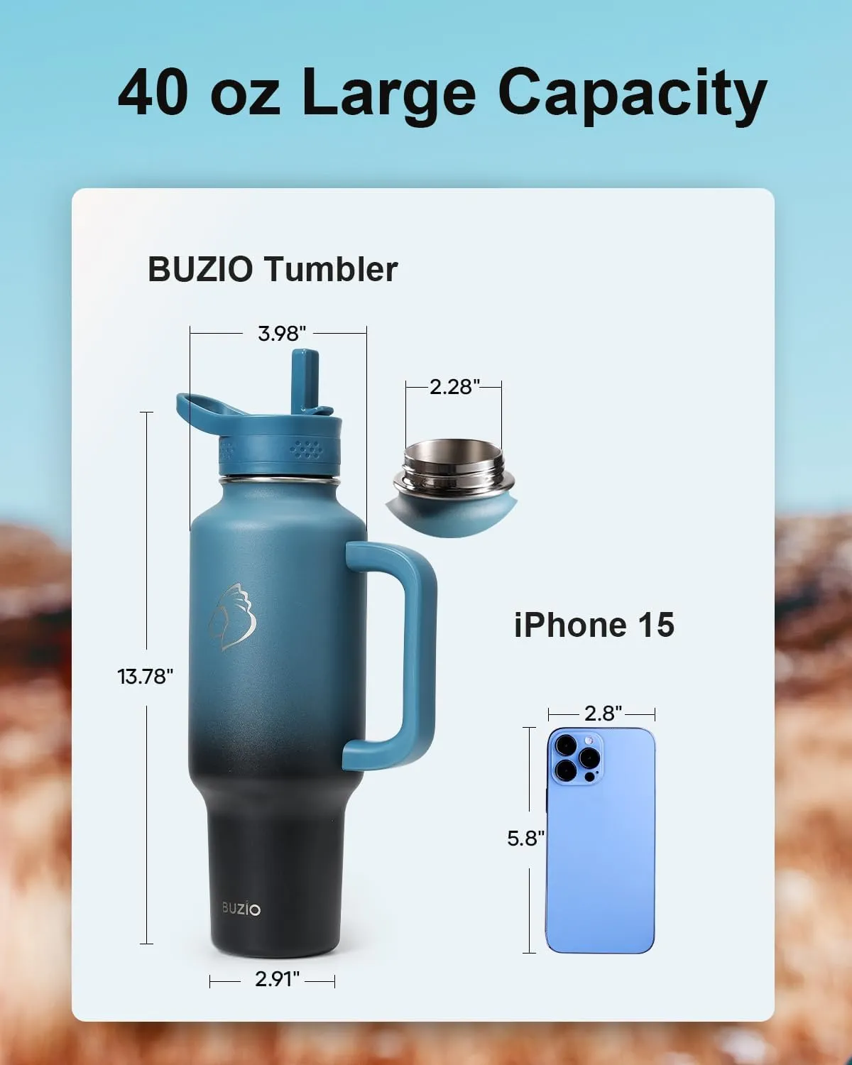 BUZIO Insulated Water Bottle with Handle & Flip Straw, 40oz Metal Travel Tumbler Fits in Cup Holders, Dishwasher Safe Leakproof Reusable Sport Mug, Gift for Women & Men, Keep Cold for 48hrs, Black
