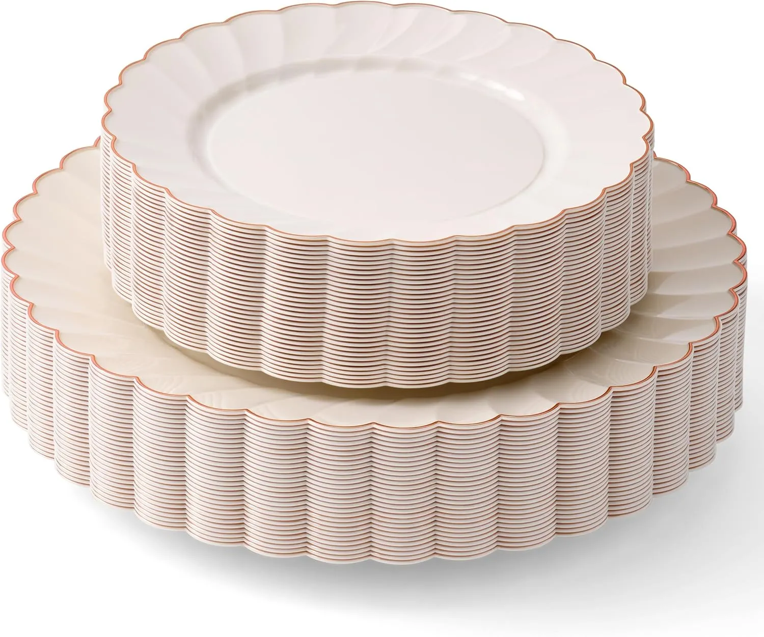 By Madee HEAVYWEIGHT 60 PC Scalloped Ivory Plates with Rose Gold Trim | 30 Dinner & 30 Dessert Plates | Great for Weddings, Showers, Birthdays (30 Guests)