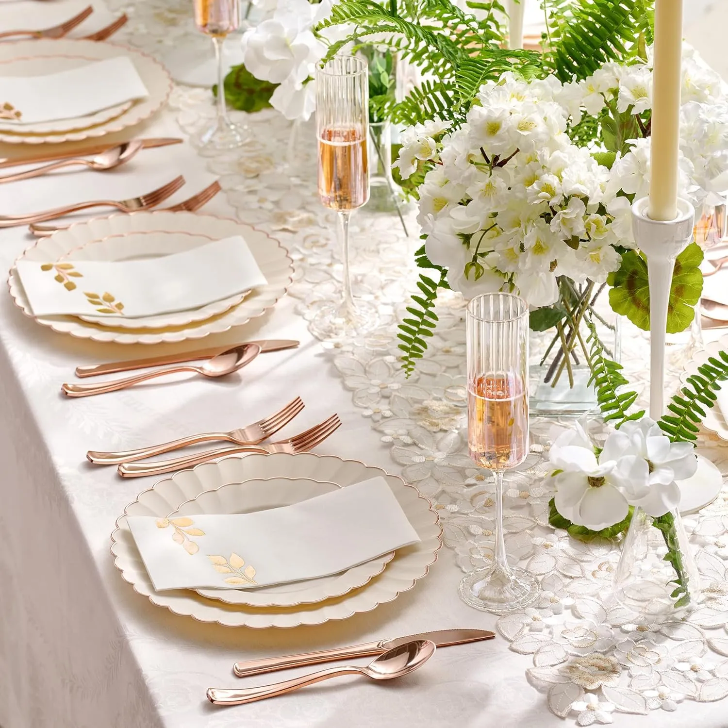 By Madee HEAVYWEIGHT 60 PC Scalloped Ivory Plates with Rose Gold Trim | 30 Dinner & 30 Dessert Plates | Great for Weddings, Showers, Birthdays (30 Guests)