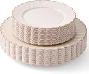 By Madee HEAVYWEIGHT 60 PC Scalloped Ivory Plates with Rose Gold Trim | 30 Dinner & 30 Dessert Plates | Great for Weddings, Showers, Birthdays (30 Guests)