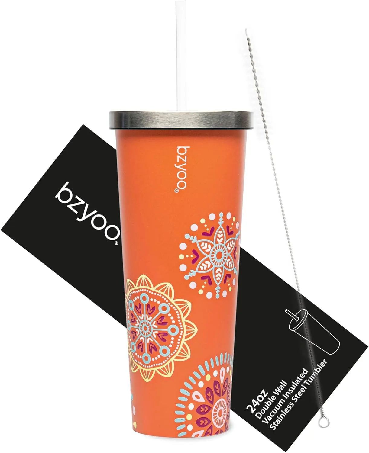 bzyoo SUP Double Wall Vacuum Insulated 24oz Tumbler with Straw and Lid Stainless Steel Water Bottle Travel Mug Cup, Mother's Day Gift Perfect For Ice Coffee or Tea Color: Orange Madallion