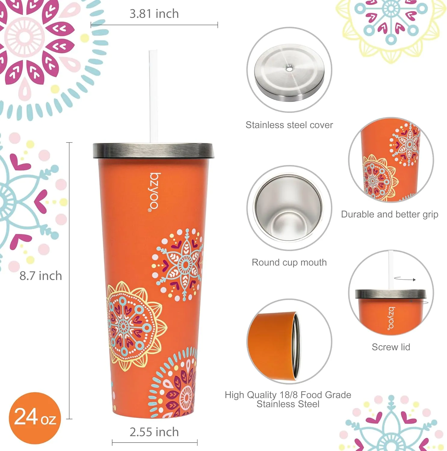 bzyoo SUP Double Wall Vacuum Insulated 24oz Tumbler with Straw and Lid Stainless Steel Water Bottle Travel Mug Cup, Mother's Day Gift Perfect For Ice Coffee or Tea Color: Orange Madallion