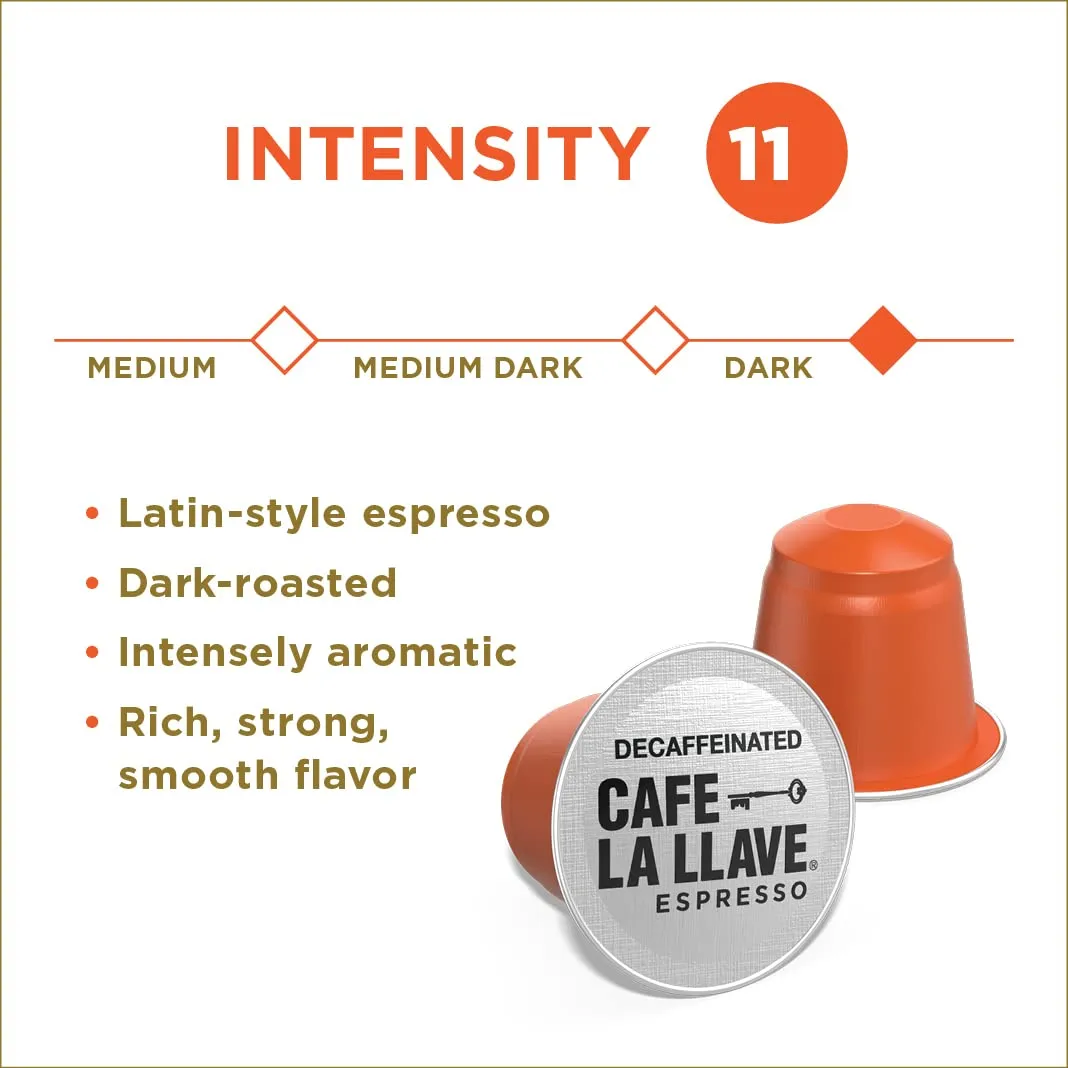 Cafe La Llave Decaf Espresso Pods: 40 Dark Roast Latin-Style Coffee Capsules, Intensity 11, Compatible with Nespresso Original Line Machines - Bold, Rich Flavor, Recyclable Aluminum