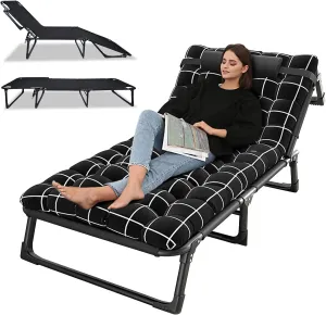 Camping Cot Folding Bed Portable Bed Camping Bed Folding Cot Adjustable Adults Reclining Folding Chaise with Pillow, Outdoor Lounge Chair Sleeping Cot Bed, Office, Pool, Beach, Patio