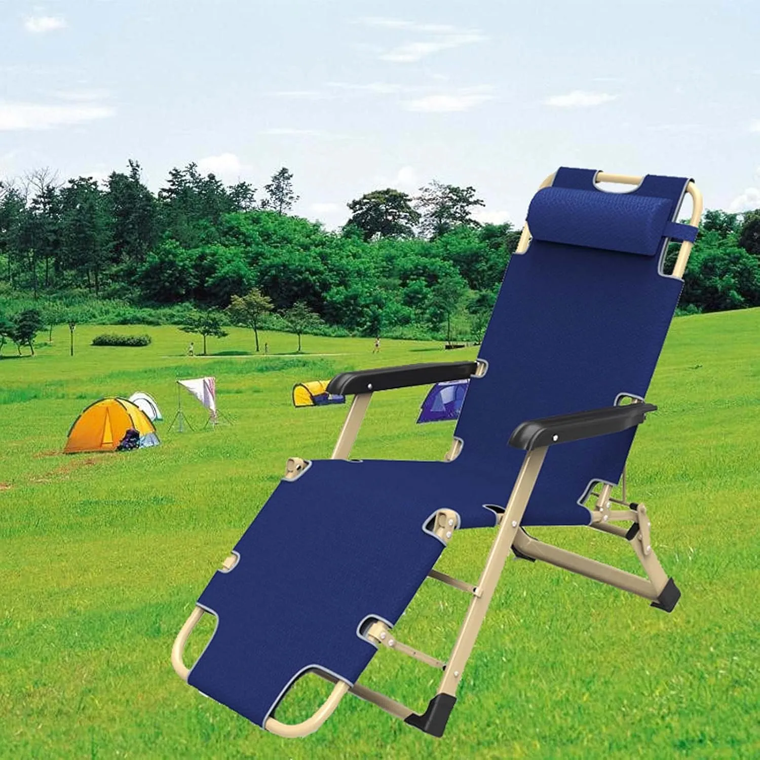 Camping Cot for Adults, Patio Lounge Chair and Flat Folding Cot, Heavy Duty Sleeping Cots, Portable Adjustable Bed Outdoor, Recliner Chair Outdoor, for Home Office Nap, Blue
