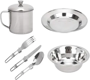 Camping Mess Kit with Bowl, Stainless Steel Camping Dishes Set Dinnerware Foldable with Cups Plates Bowl Cutlery Mesh Bag for 1 Person, Dishes Set for Backpacking Hiking Picnic Travel