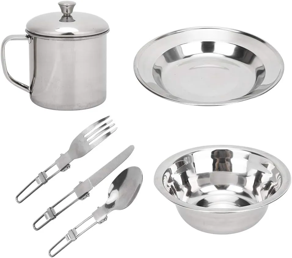Camping Mess Kit with Bowl, Stainless Steel Camping Dishes Set Dinnerware Foldable with Cups Plates Bowl Cutlery Mesh Bag for 1 Person, Dishes Set for Backpacking Hiking Picnic Travel