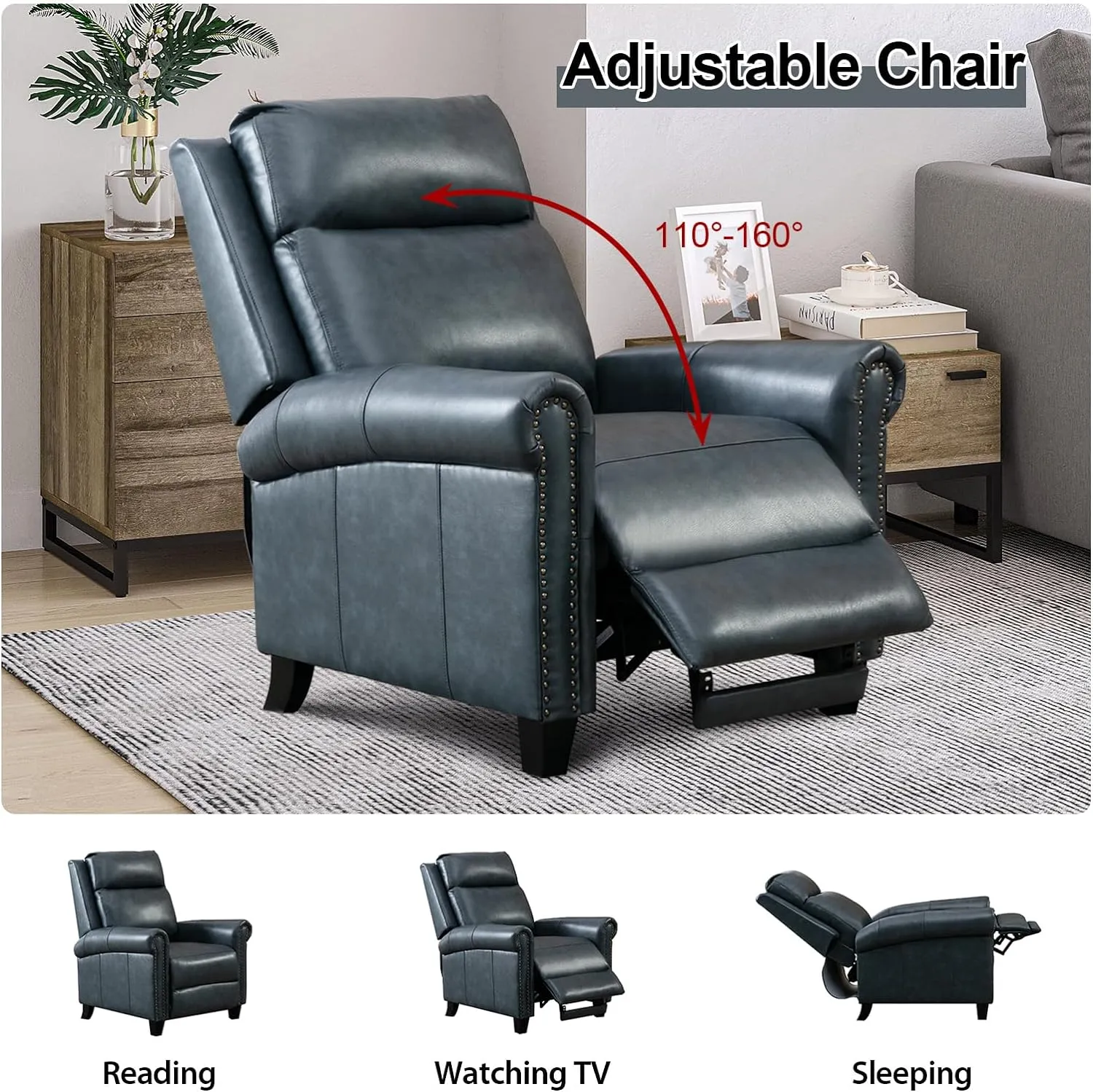 CANMOV Leather Recliner Chair, Classic and Traditional Push Back Recliner Chair with Comfortable Arms and Back for Living Room Bedroom Adjustable Single Sofa, Navy Blue