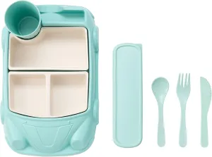 Car Plate 8Pcs/Set Bamboo Children Dinnerware Sets - Dishwasher/Microwave Safe Includes Cutlery, Beautiful Plate, Separable Bowls & Cup Happy MealTime, Light Green, YK-001