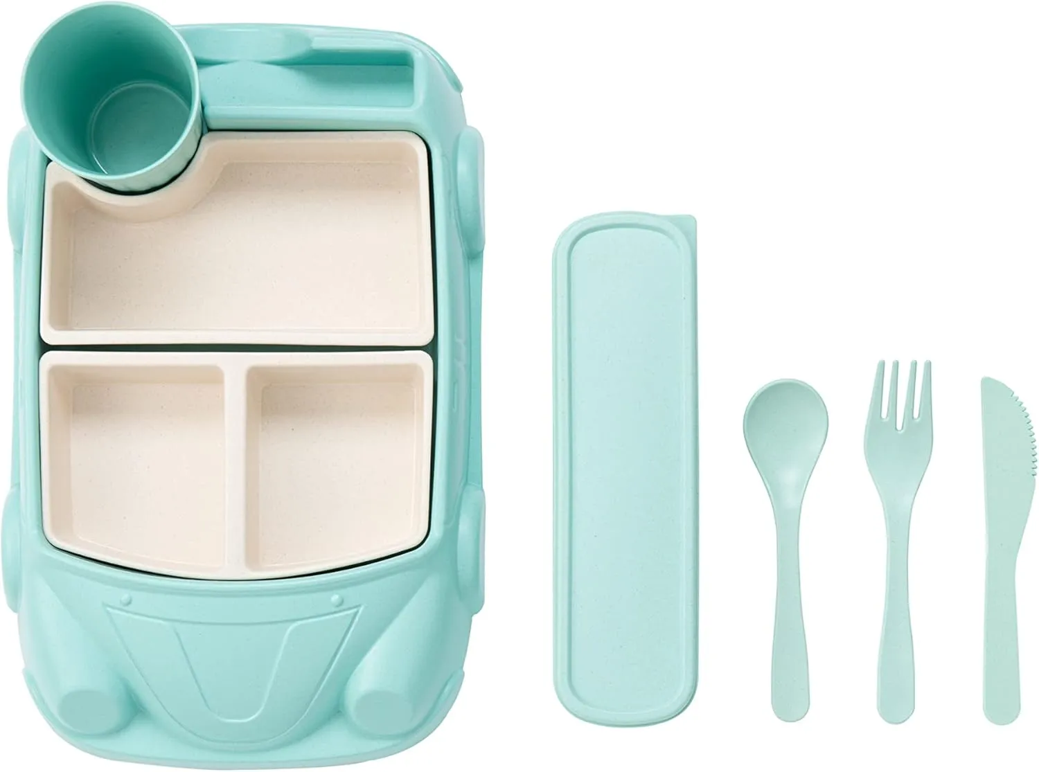 Car Plate 8Pcs/Set Bamboo Children Dinnerware Sets - Dishwasher/Microwave Safe Includes Cutlery, Beautiful Plate, Separable Bowls & Cup Happy MealTime, Light Green, YK-001