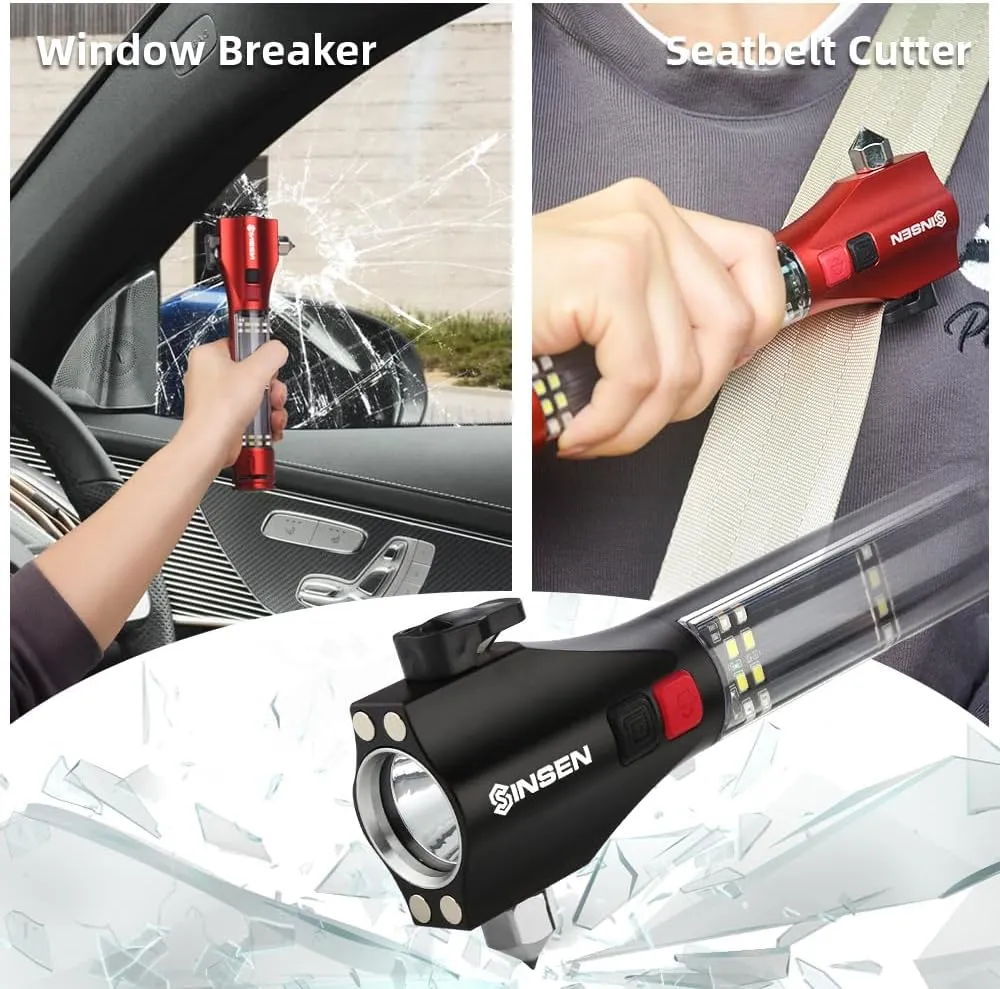 Car Window Breaker Seatbelt Cutter, Emergency Escape Tool with Compass, Multi Tactical Safety Hammer Rescue Kit