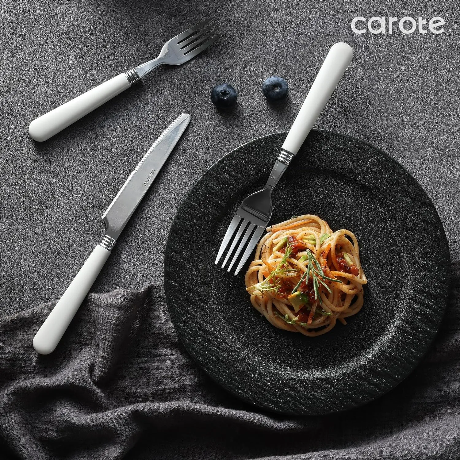 CAROTE 40Pcs Silverware Set, Stainless Steel Flatware Set with White Handle, Dining Tableware Cutlery Set for 8, Utensil Sets for Home Restaurant, Mirror Polished Spoon and Fork Set, Dishwasher Safe