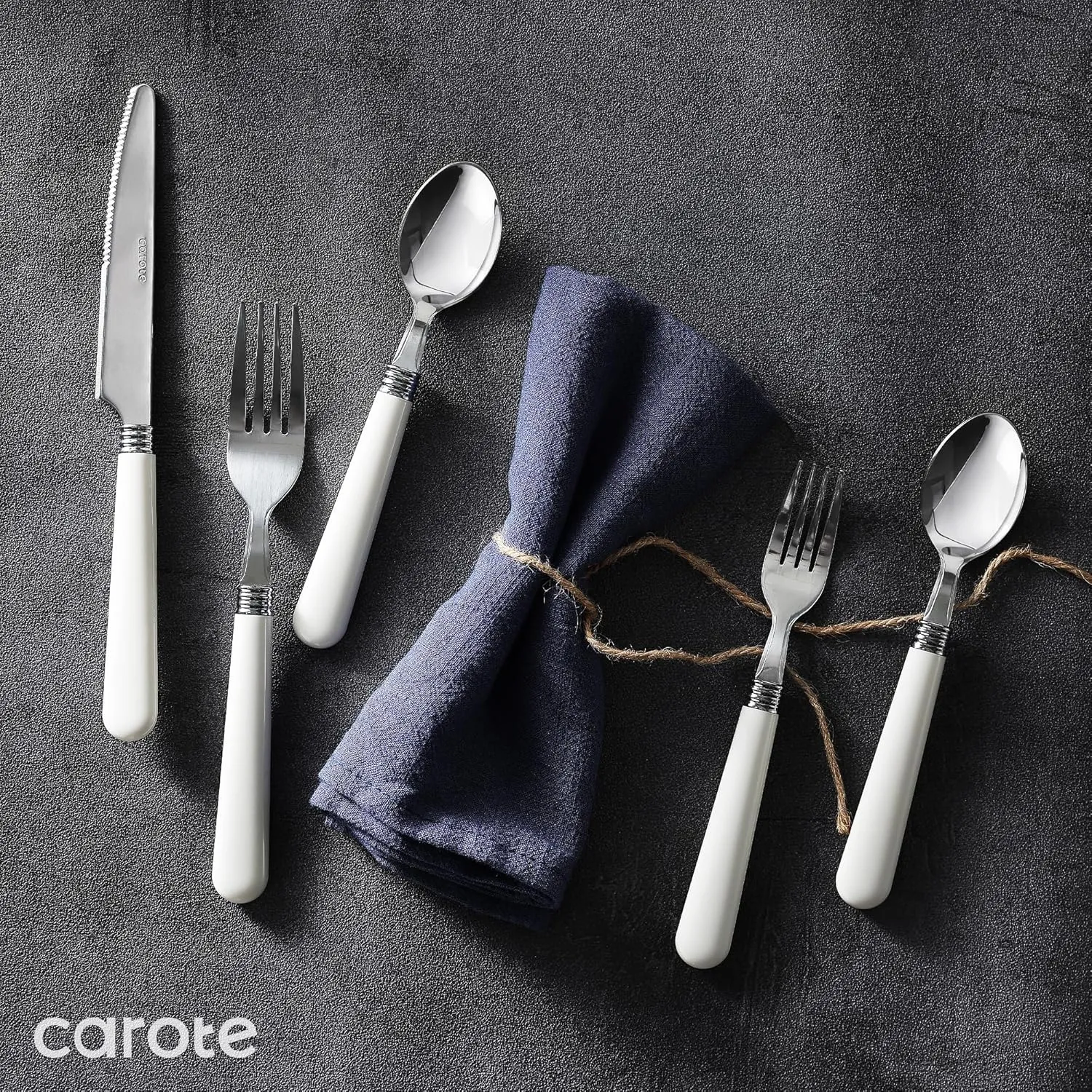 CAROTE 40Pcs Silverware Set, Stainless Steel Flatware Set with White Handle, Dining Tableware Cutlery Set for 8, Utensil Sets for Home Restaurant, Mirror Polished Spoon and Fork Set, Dishwasher Safe