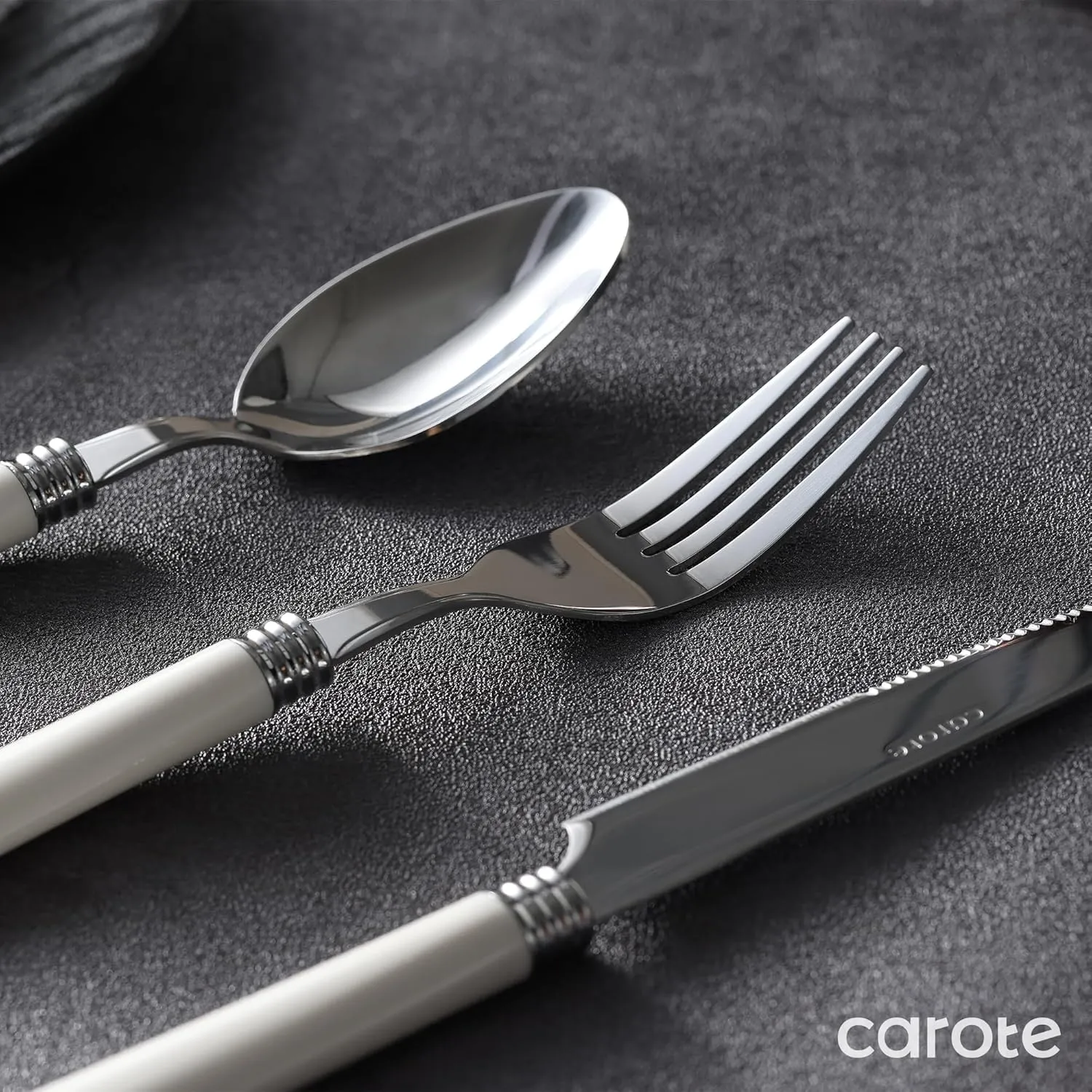 CAROTE 40Pcs Silverware Set, Stainless Steel Flatware Set with White Handle, Dining Tableware Cutlery Set for 8, Utensil Sets for Home Restaurant, Mirror Polished Spoon and Fork Set, Dishwasher Safe