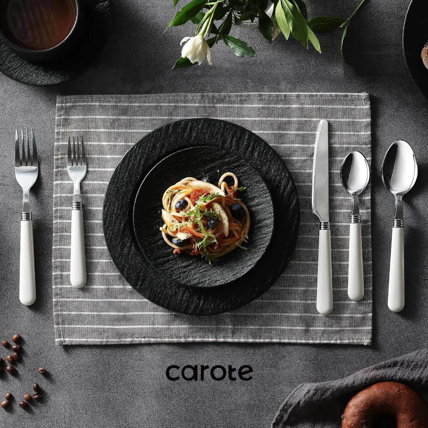 CAROTE 40Pcs Silverware Set, Stainless Steel Flatware Set with White Handle, Dining Tableware Cutlery Set for 8, Utensil Sets for Home Restaurant, Mirror Polished Spoon and Fork Set, Dishwasher Safe