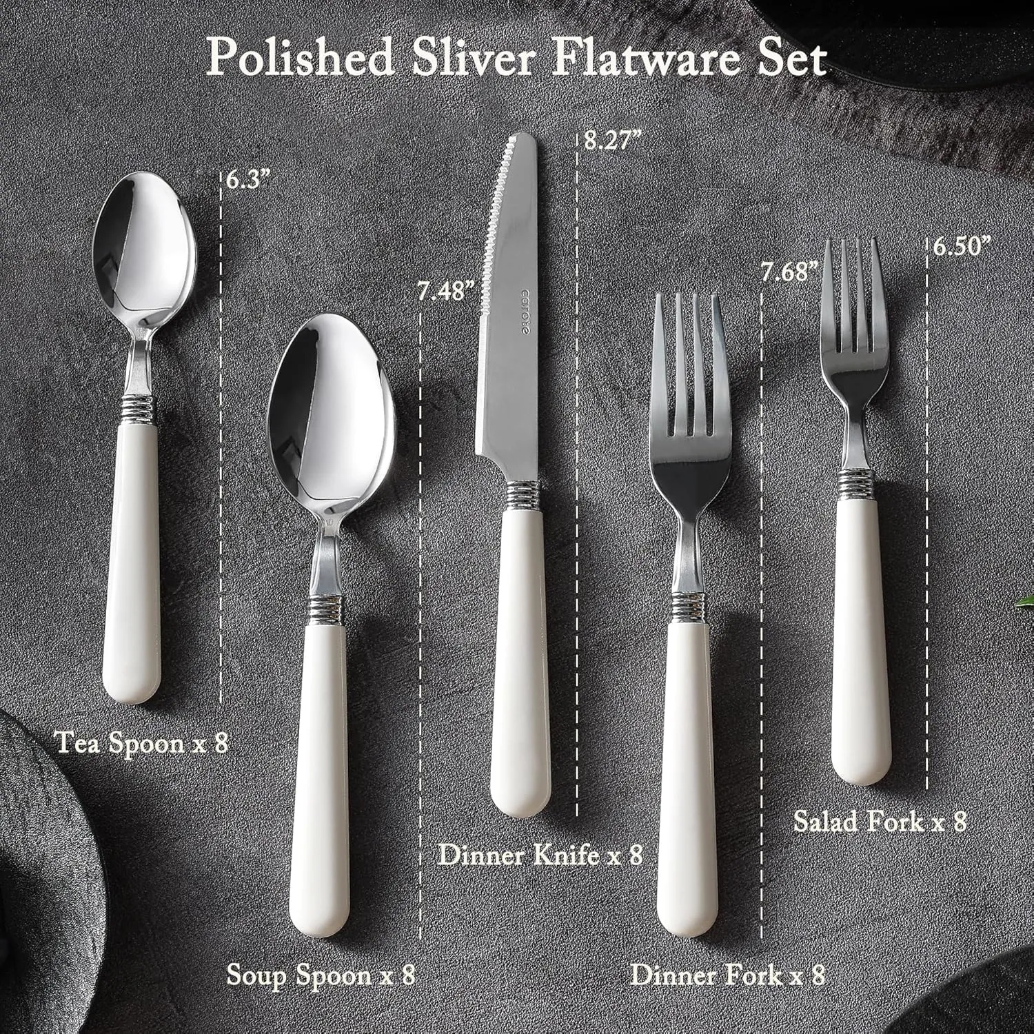 CAROTE 40Pcs Silverware Set, Stainless Steel Flatware Set with White Handle, Dining Tableware Cutlery Set for 8, Utensil Sets for Home Restaurant, Mirror Polished Spoon and Fork Set, Dishwasher Safe