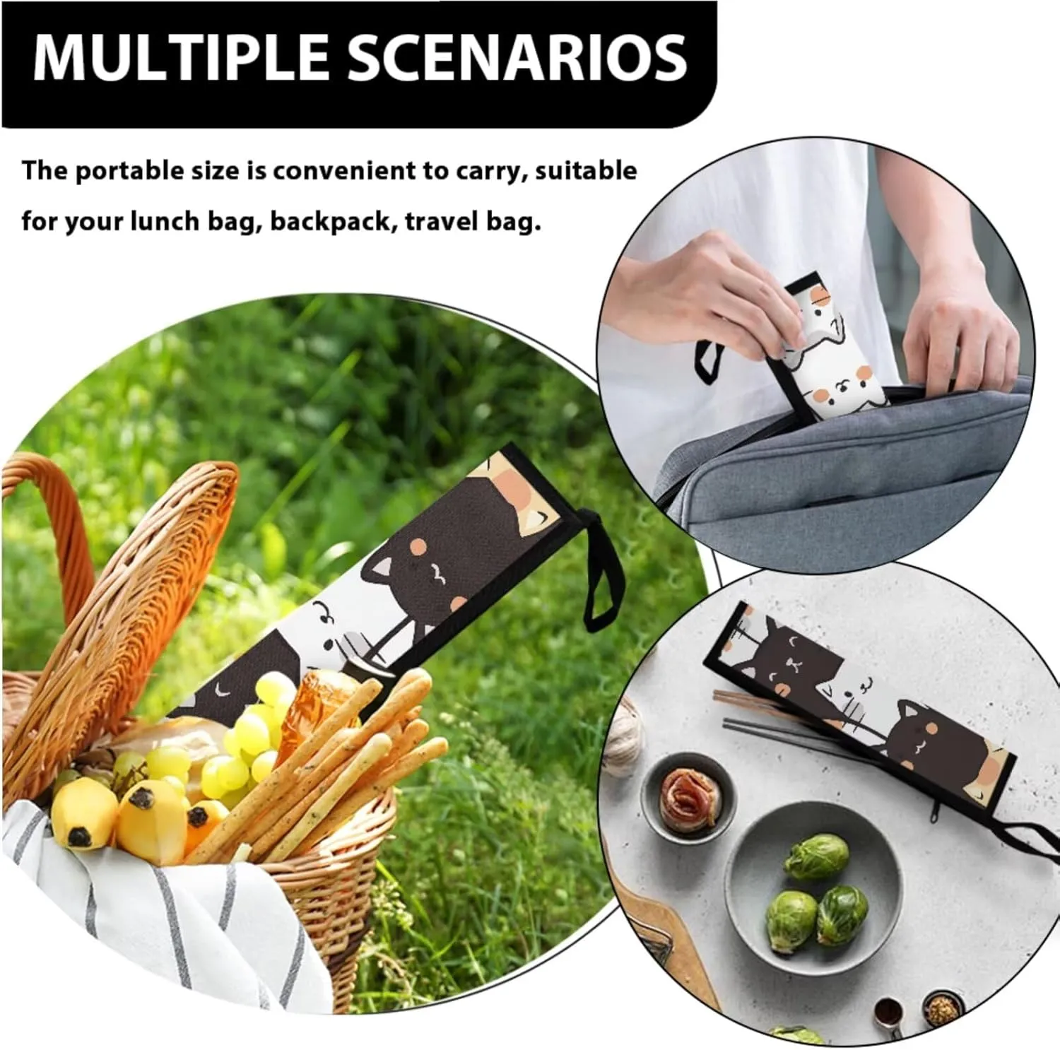 Cats Lunch Bag for Girls with Chopsticks Carrying Case 2 Pieces for School & Outdoor Lightweight Washable Kids Lunch Bag Insulated and Dinnerware Organizer for Fork and Spoon