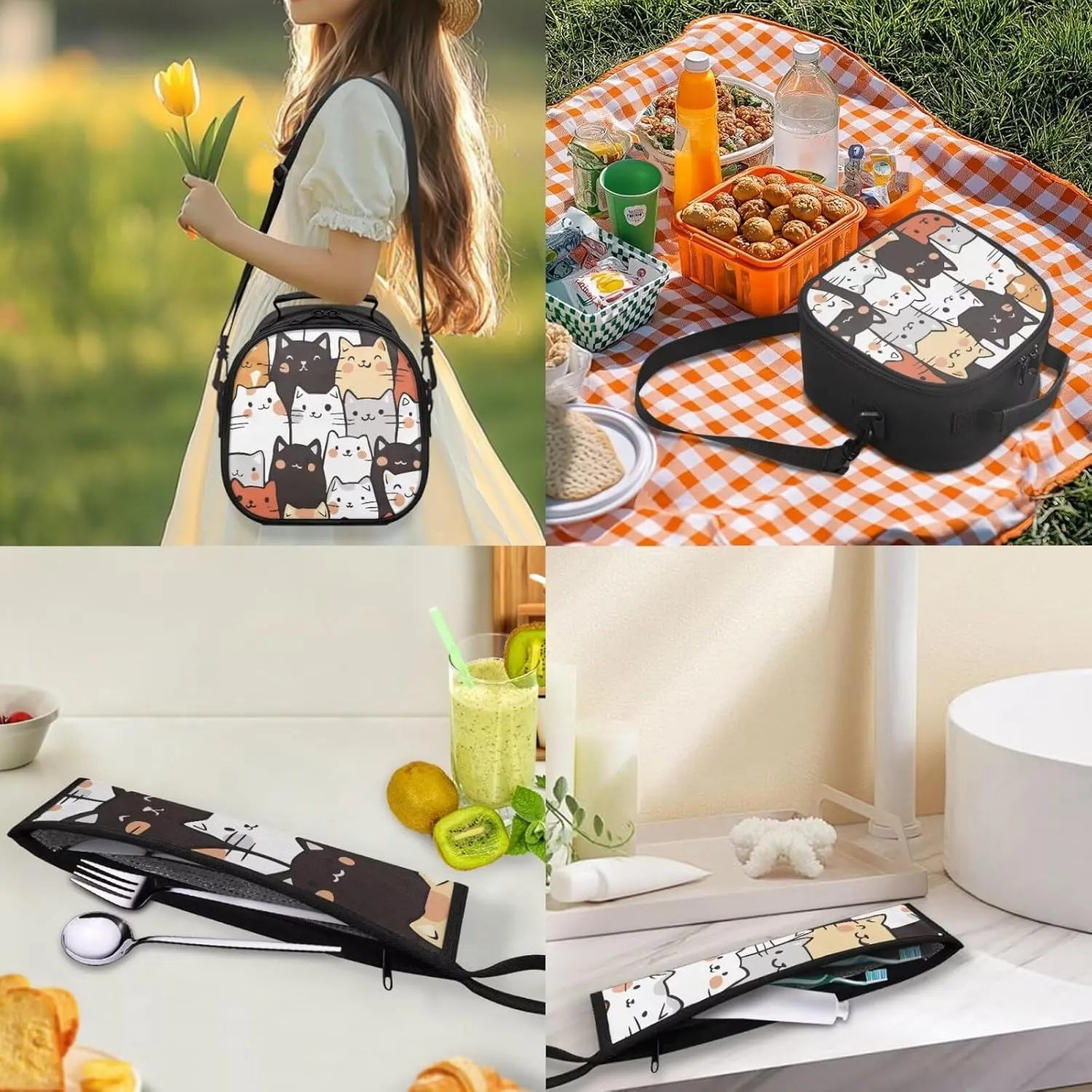 Cats Lunch Bag for Girls with Chopsticks Carrying Case 2 Pieces for School & Outdoor Lightweight Washable Kids Lunch Bag Insulated and Dinnerware Organizer for Fork and Spoon