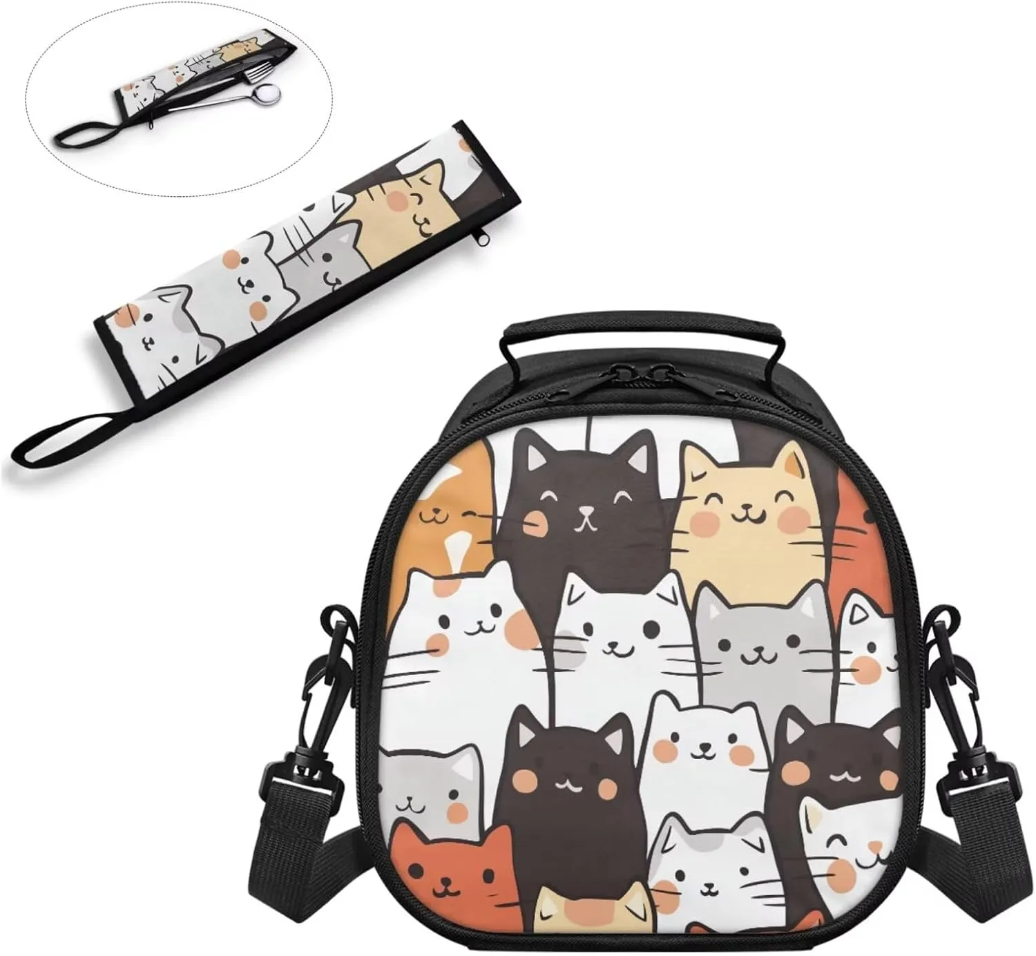 Cats Lunch Bag for Girls with Chopsticks Carrying Case 2 Pieces for School & Outdoor Lightweight Washable Kids Lunch Bag Insulated and Dinnerware Organizer for Fork and Spoon