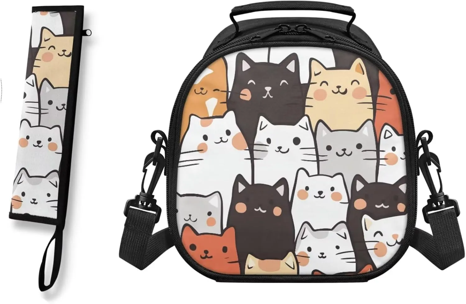 Cats Lunch Bag for Girls with Chopsticks Carrying Case 2 Pieces for School & Outdoor Lightweight Washable Kids Lunch Bag Insulated and Dinnerware Organizer for Fork and Spoon