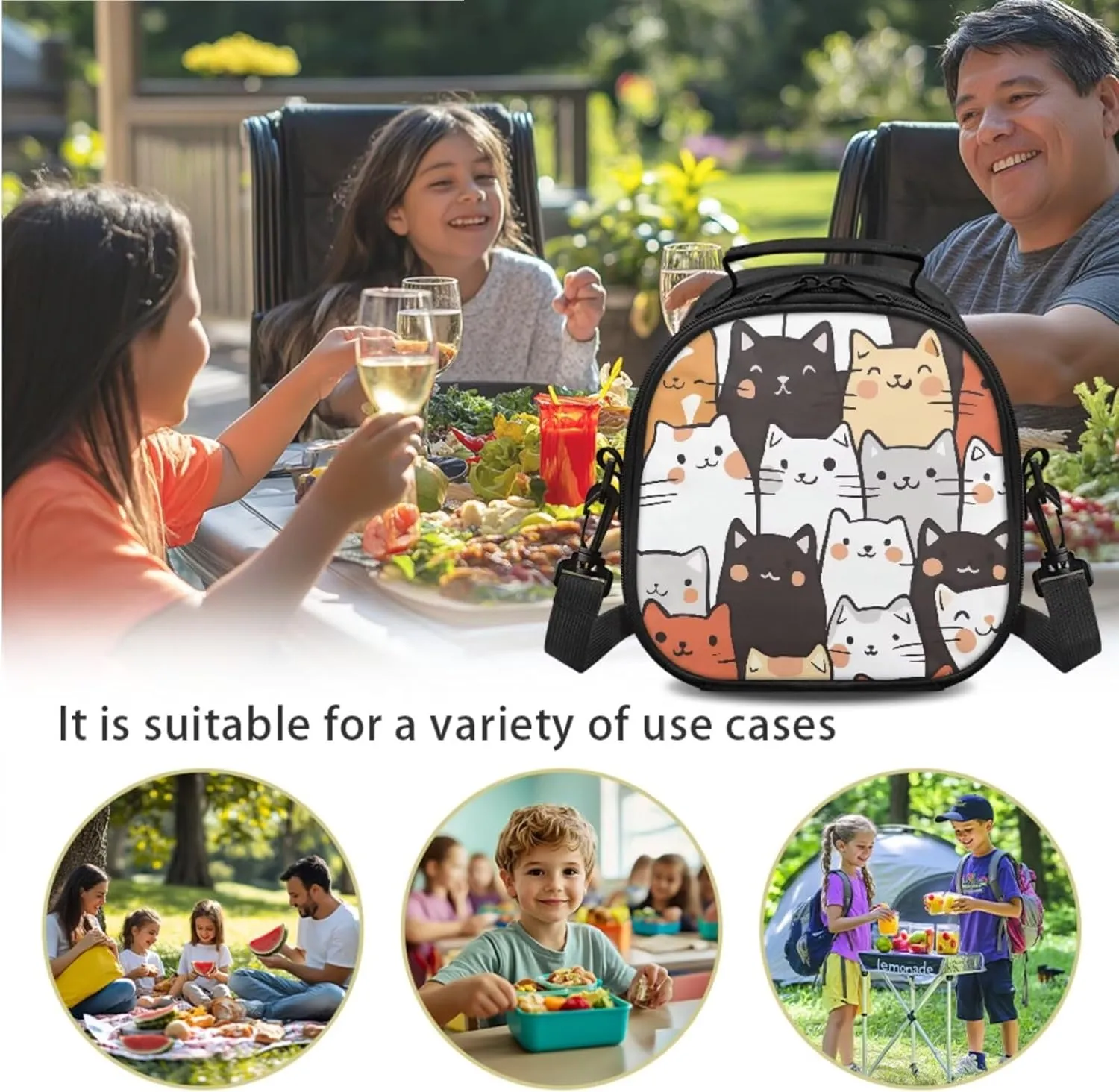 Cats Lunch Bag for Girls with Chopsticks Carrying Case 2 Pieces for School & Outdoor Lightweight Washable Kids Lunch Bag Insulated and Dinnerware Organizer for Fork and Spoon