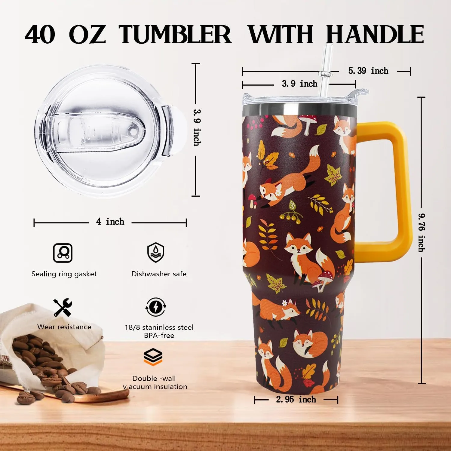 Ceovfoi 40 oz Fall Fox Tumbler With Lid and Straw, Travel Mug Cup Water Bottle, Gifts for Fox Lovers, Decor Accessories