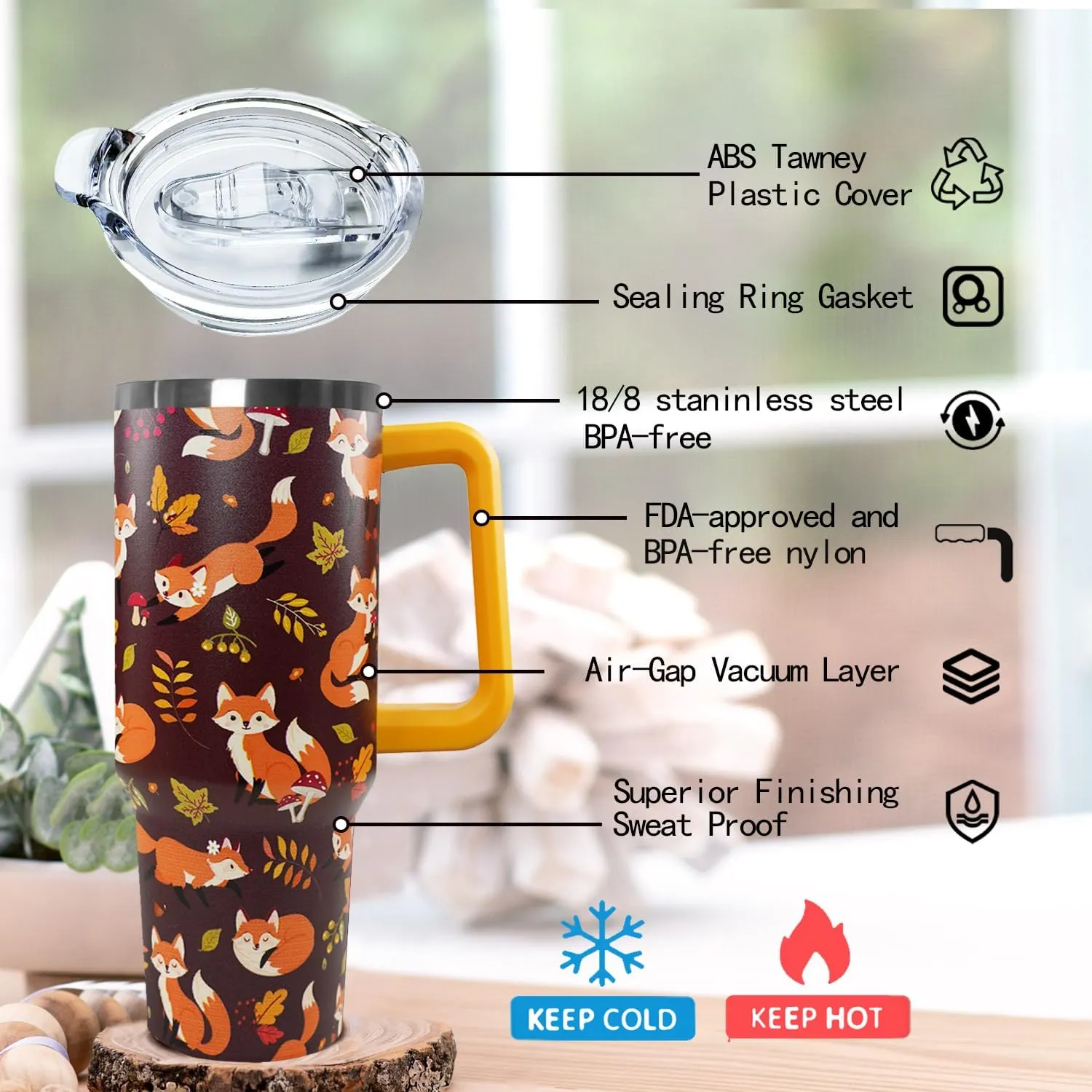 Ceovfoi 40 oz Fall Fox Tumbler With Lid and Straw, Travel Mug Cup Water Bottle, Gifts for Fox Lovers, Decor Accessories