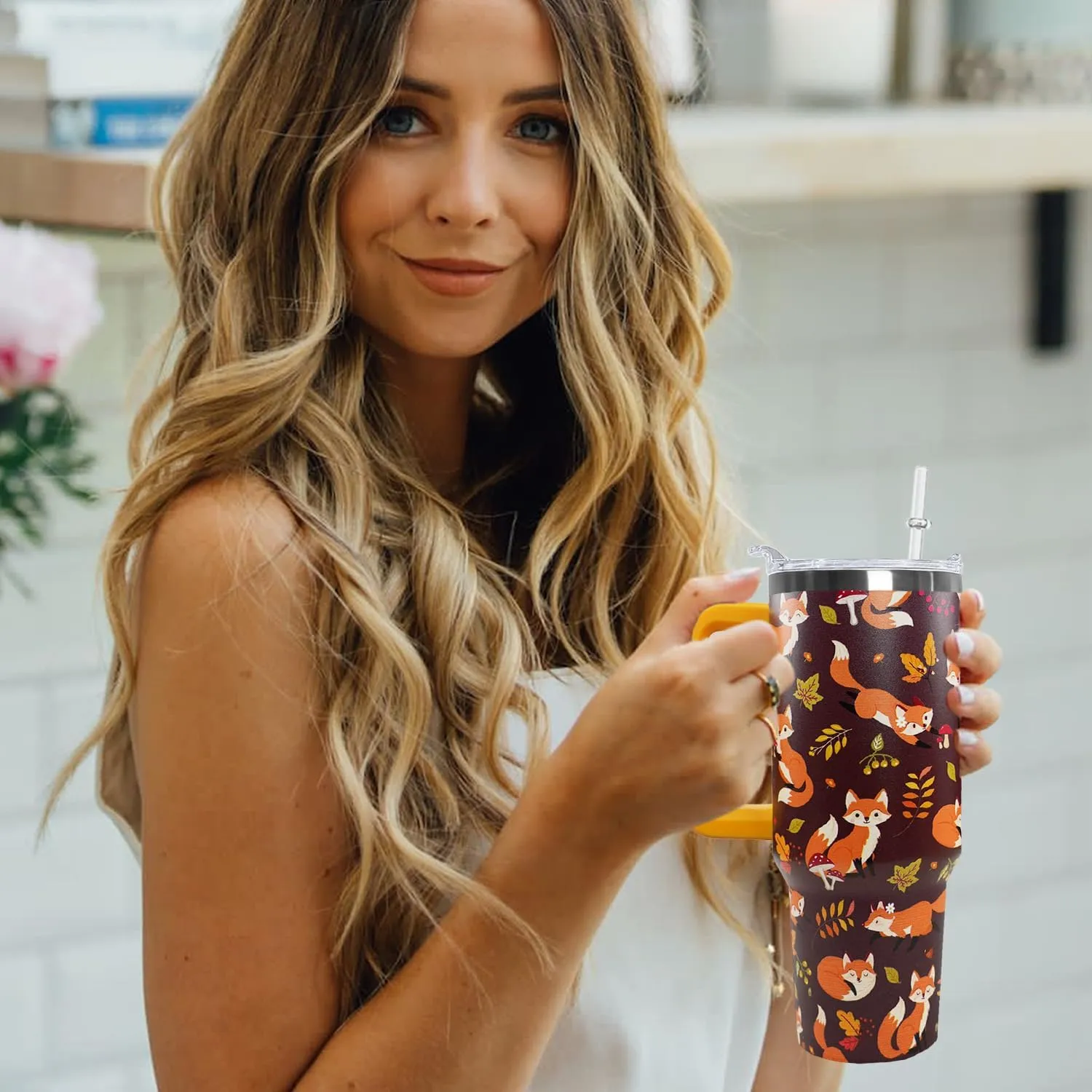 Ceovfoi 40 oz Fall Fox Tumbler With Lid and Straw, Travel Mug Cup Water Bottle, Gifts for Fox Lovers, Decor Accessories