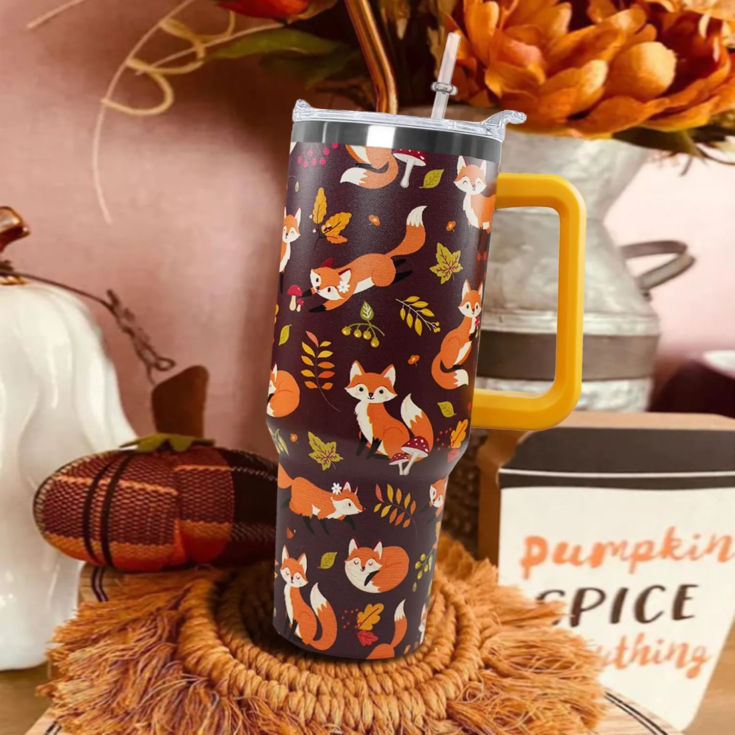 Ceovfoi 40 oz Fall Fox Tumbler With Lid and Straw, Travel Mug Cup Water Bottle, Gifts for Fox Lovers, Decor Accessories